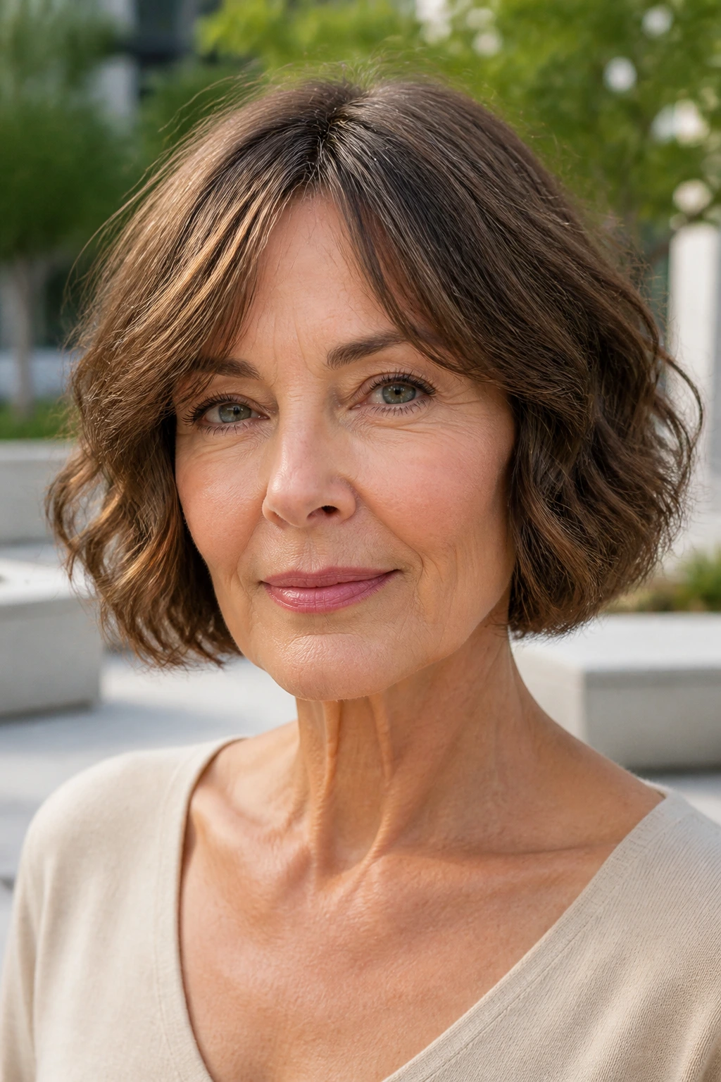 Real woman with boxy wavy bob and parted bangs in natural light