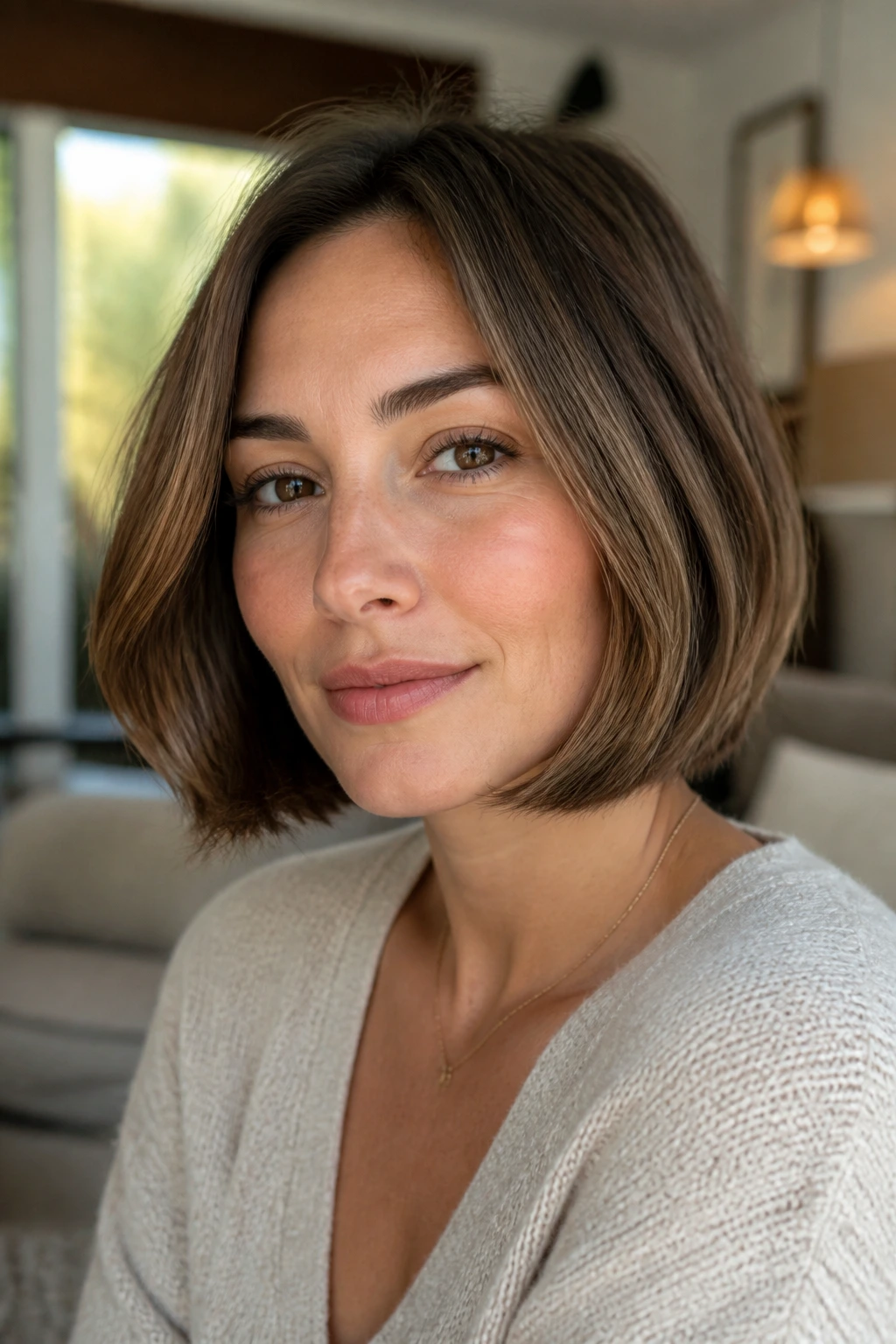Close-up portrait of a real woman with a square jaw wearing a dense blunt perimeter boyfriend bob