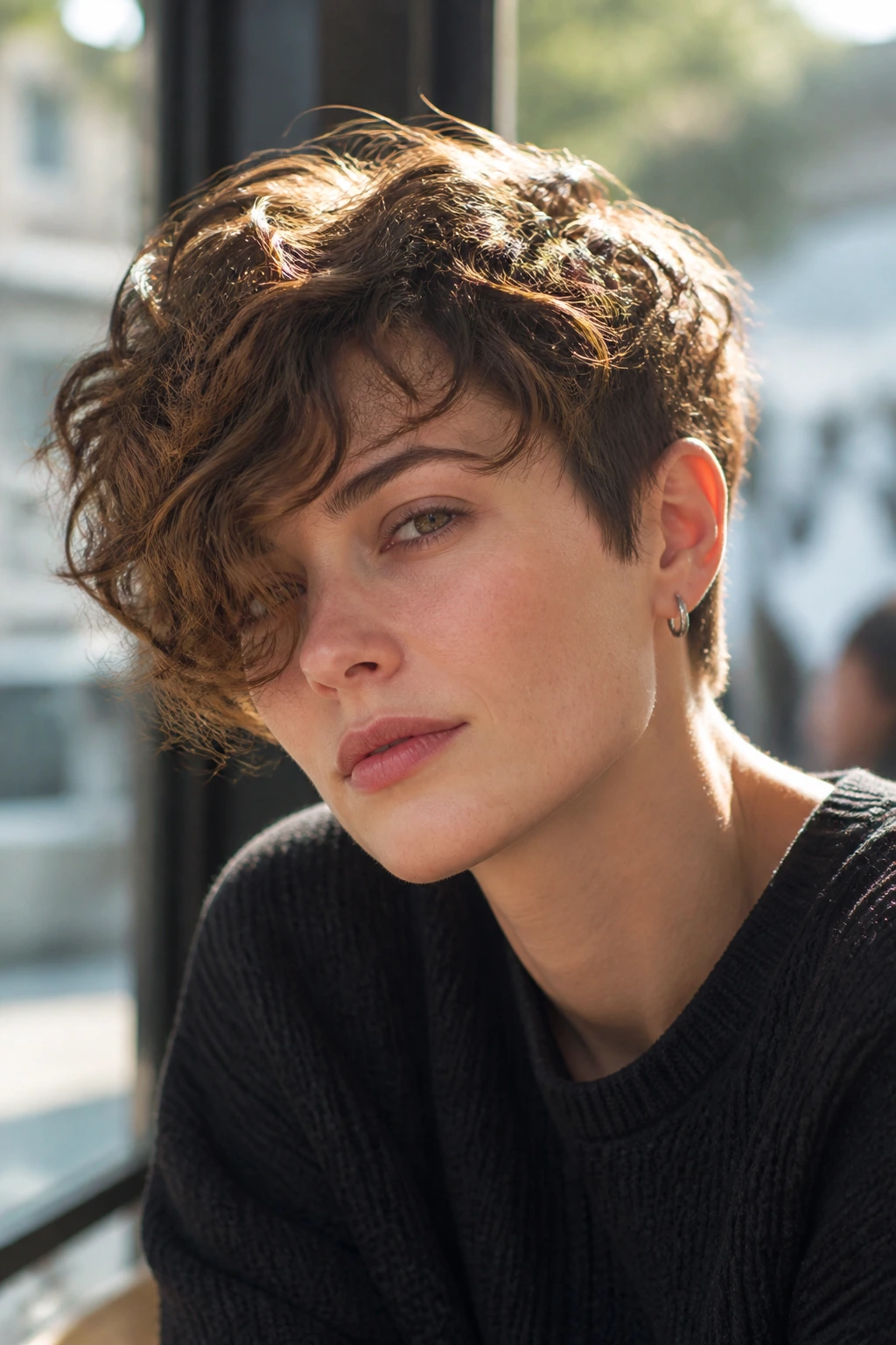 Close-up of a real person with a boyish crop and long fringe.