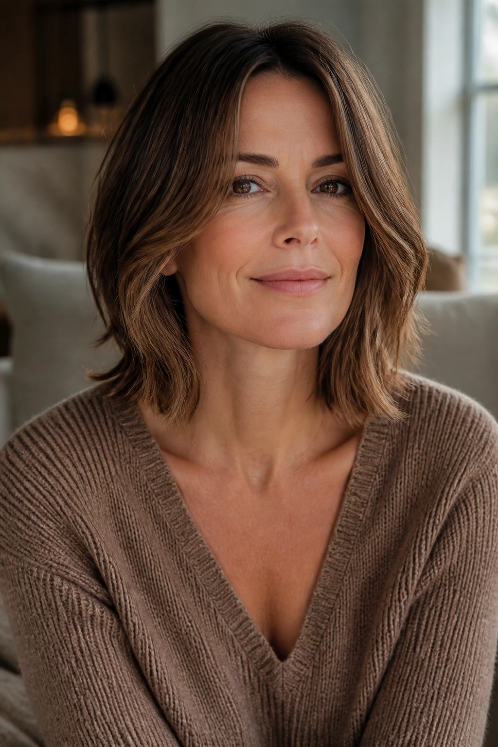 Close-up portrait of a real woman with a shoulder-length bra-friendly lob and face-framing layers