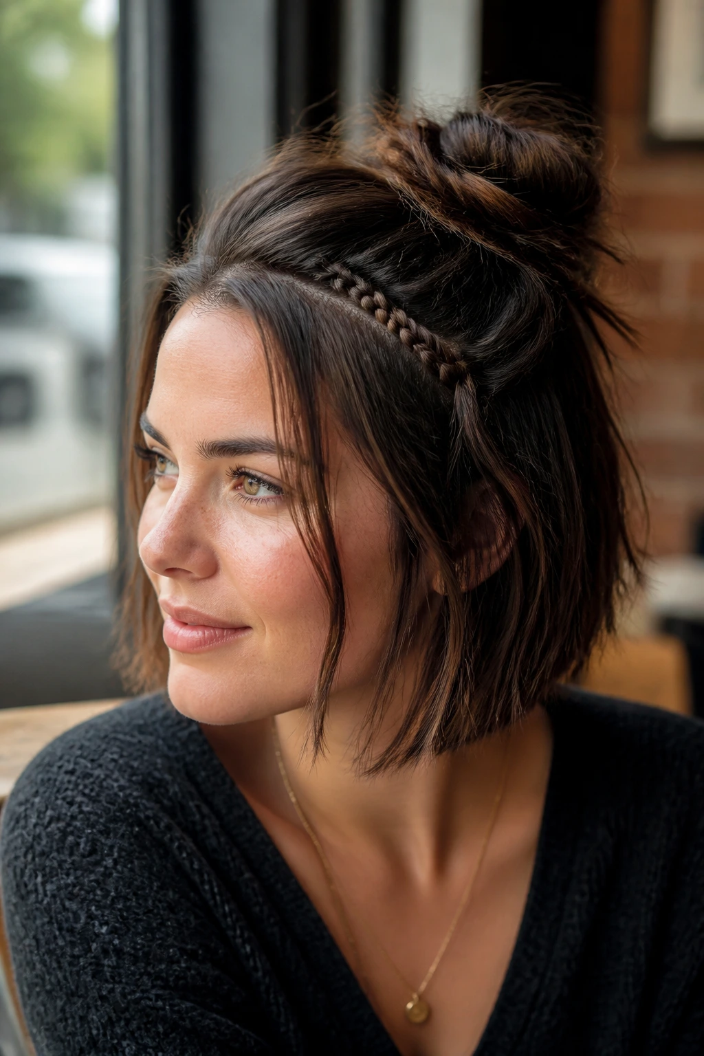 Close-up of a blunt bob with a small front braid integrated into a half-up bun on a real person