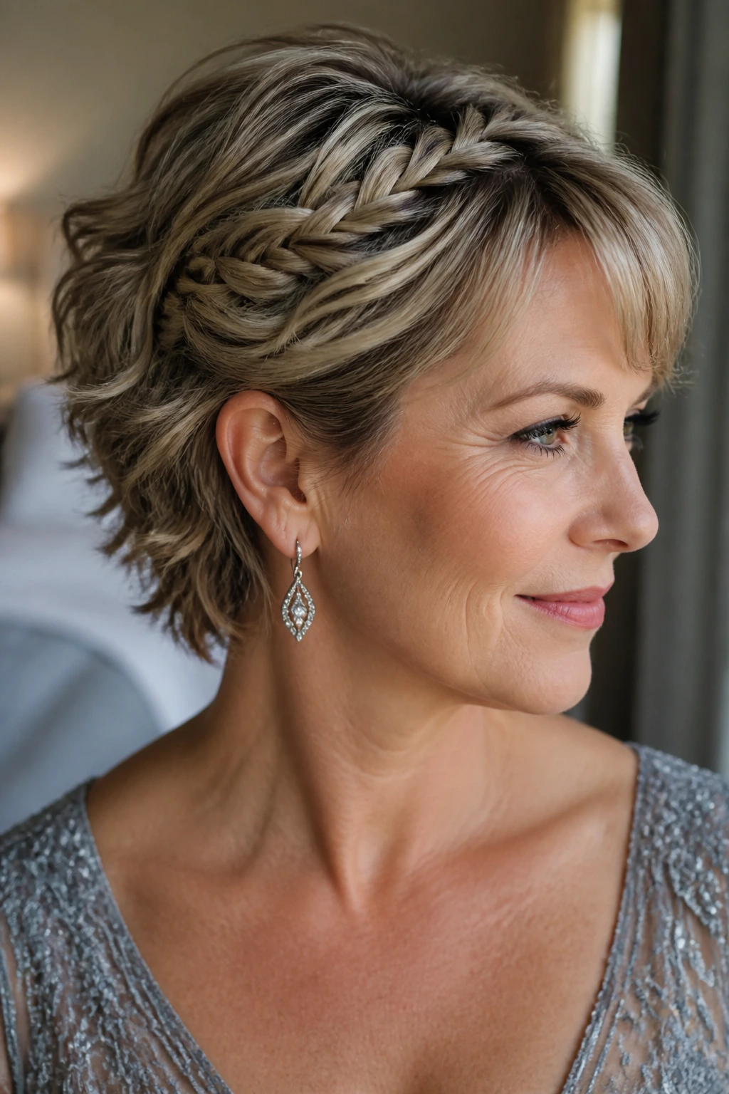 Close-up of a real woman showing a subtle side braid accent behind the ear on short layers