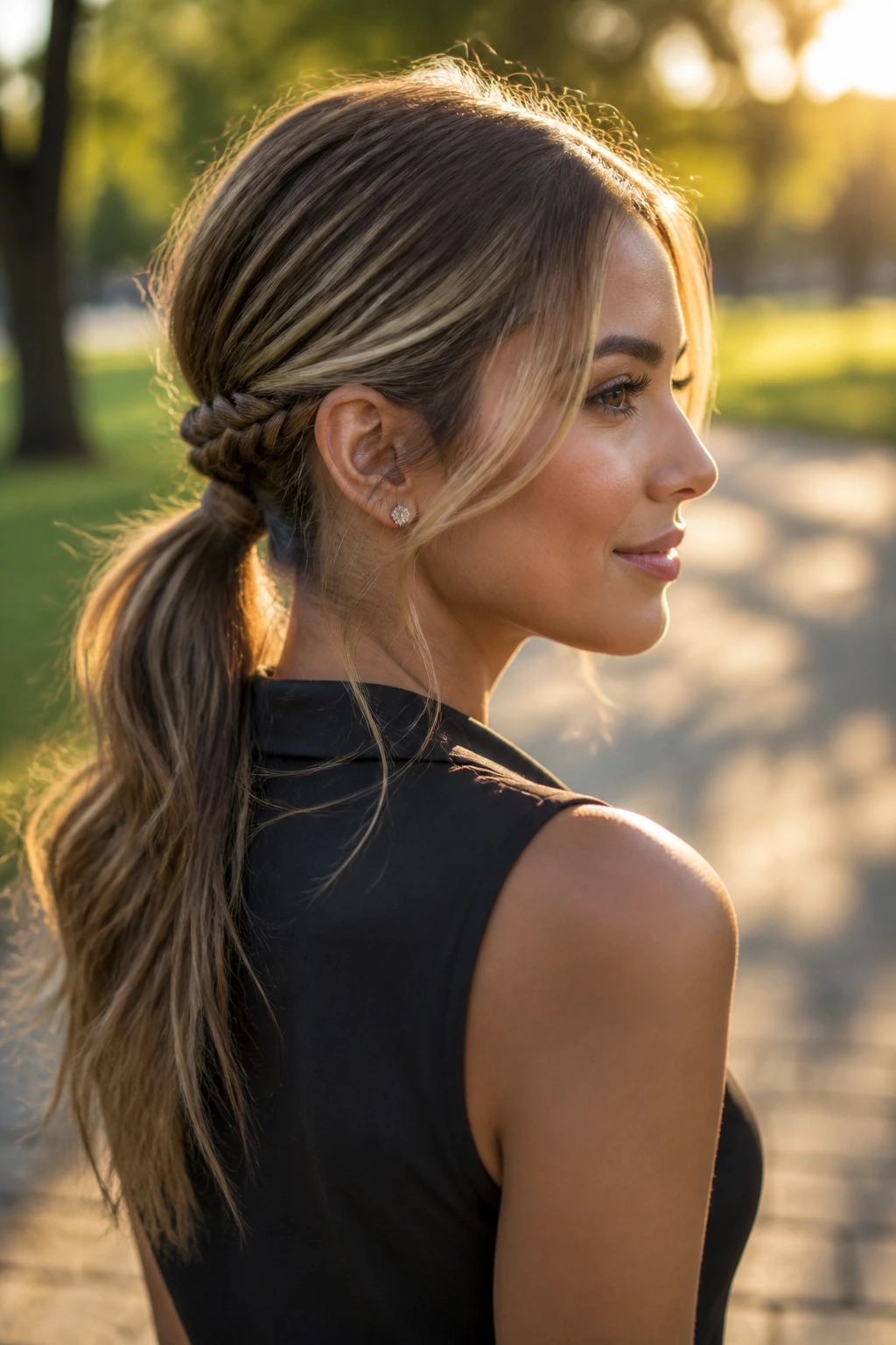 Close-up of a real woman with a small braid at the base of a low ponytail