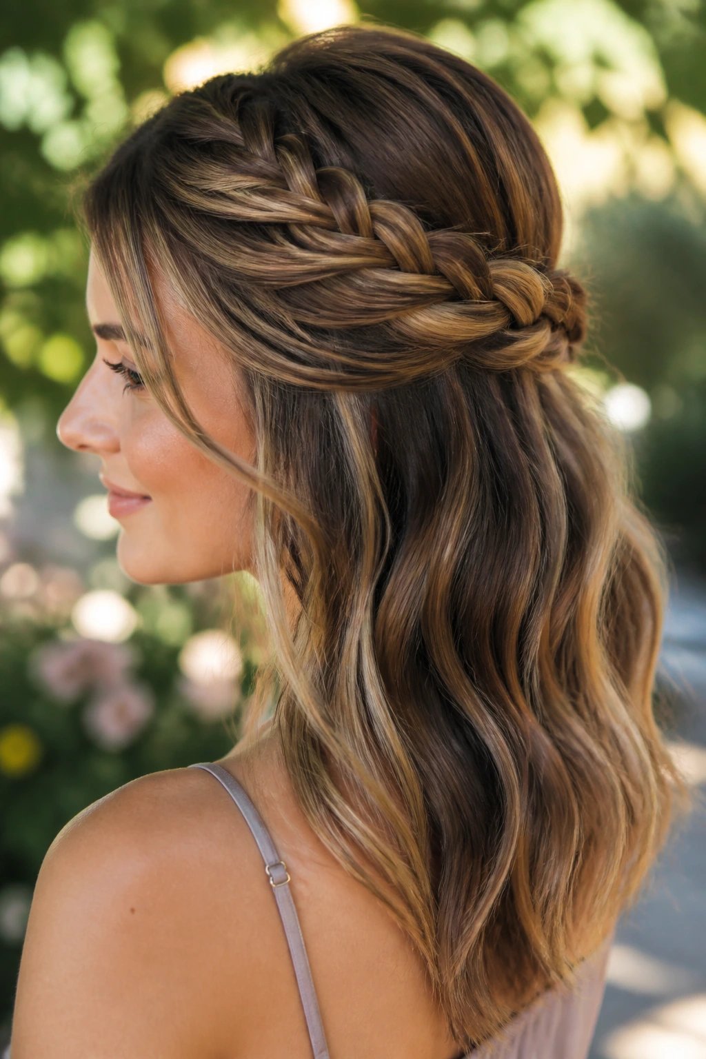 Portrait of a woman with toasted almond lowlights woven into a half-up braid