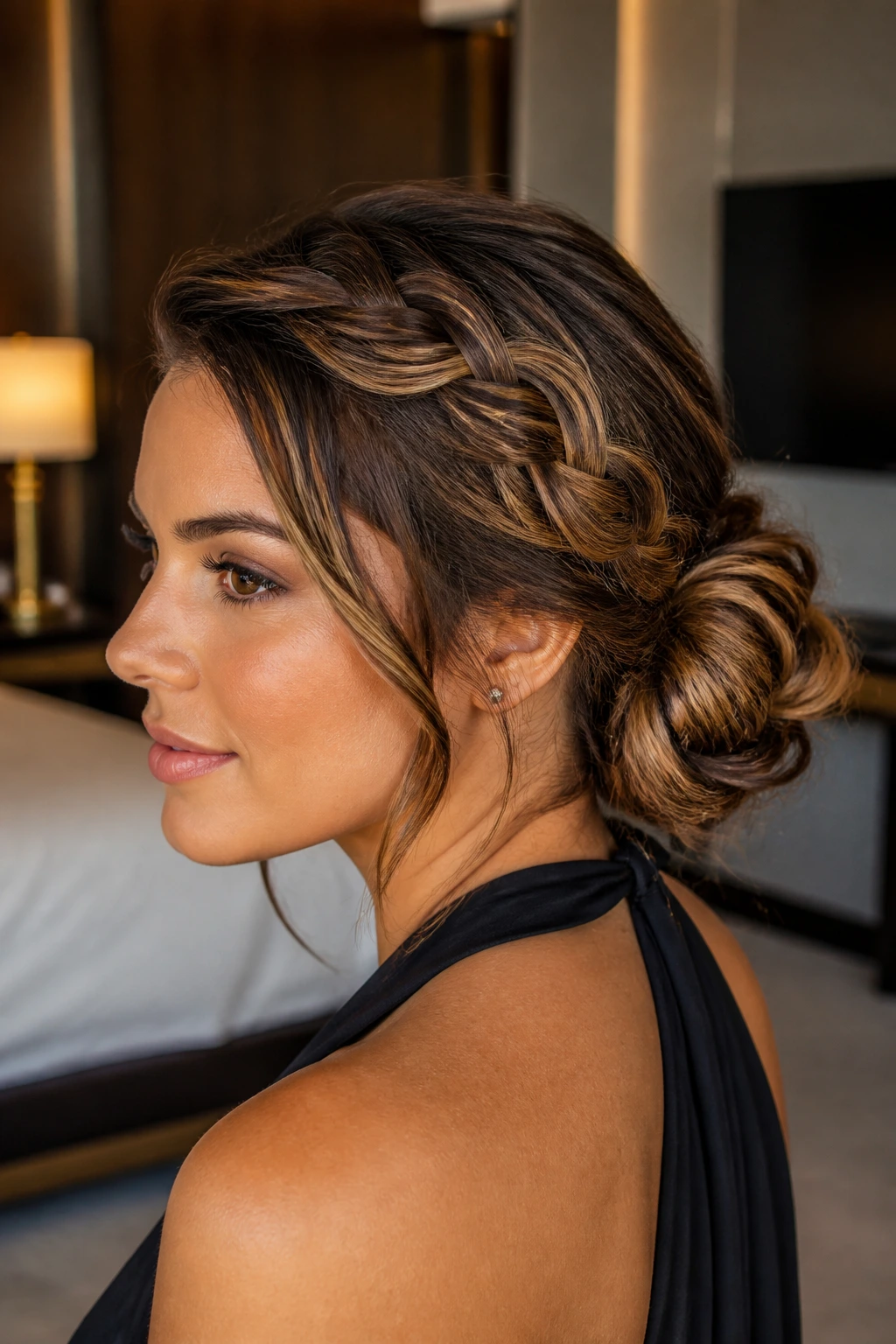 Close-up of a real woman with braid turning into bun and caramel highlights