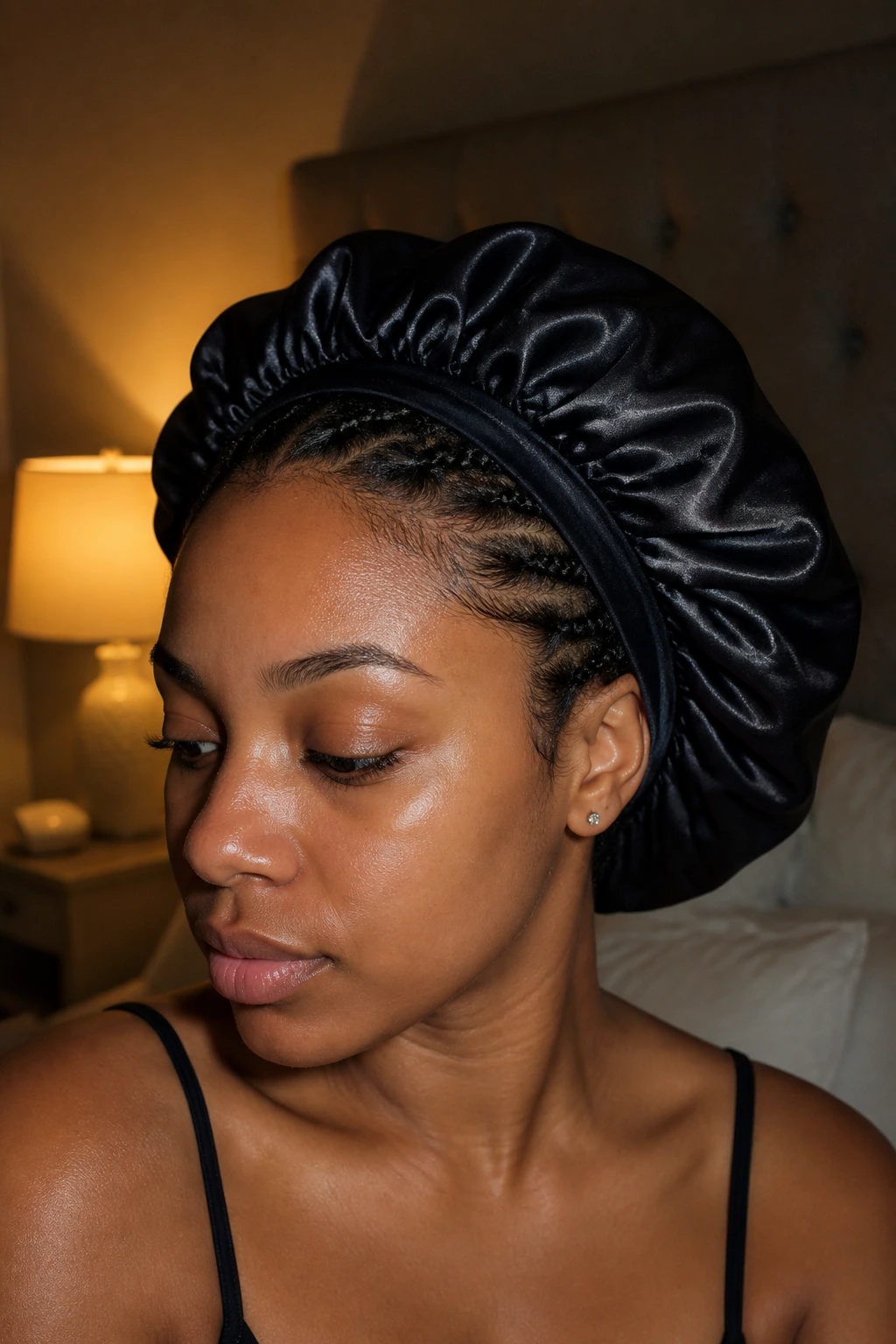 Close-up of a woman wearing a satin bonnet in bed, hair tucked neatly inside