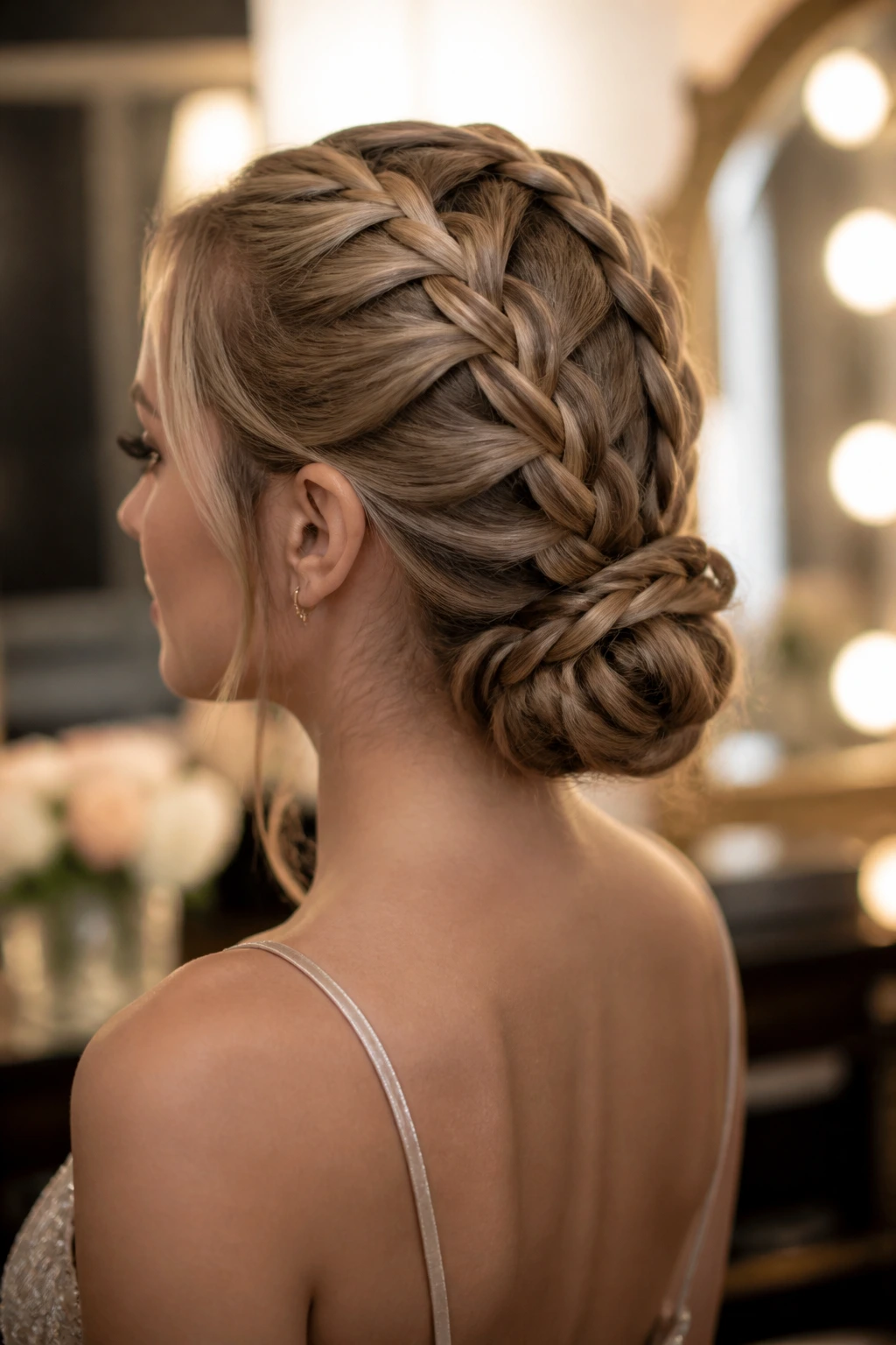 Portrait of a woman with a French braid transitioning into a low chignon at the nape