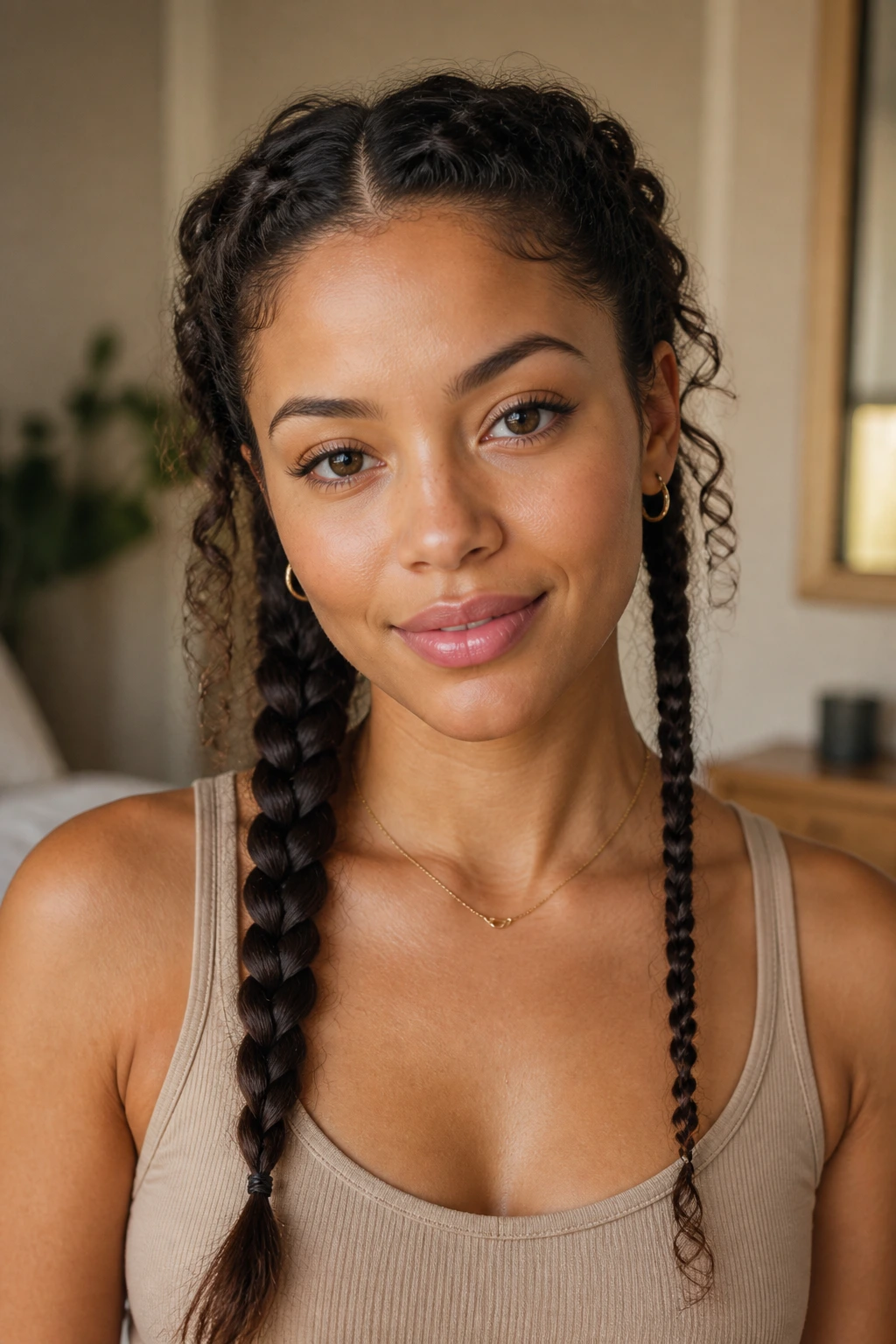 Portrait showing two side braids illustrating curl pattern and density