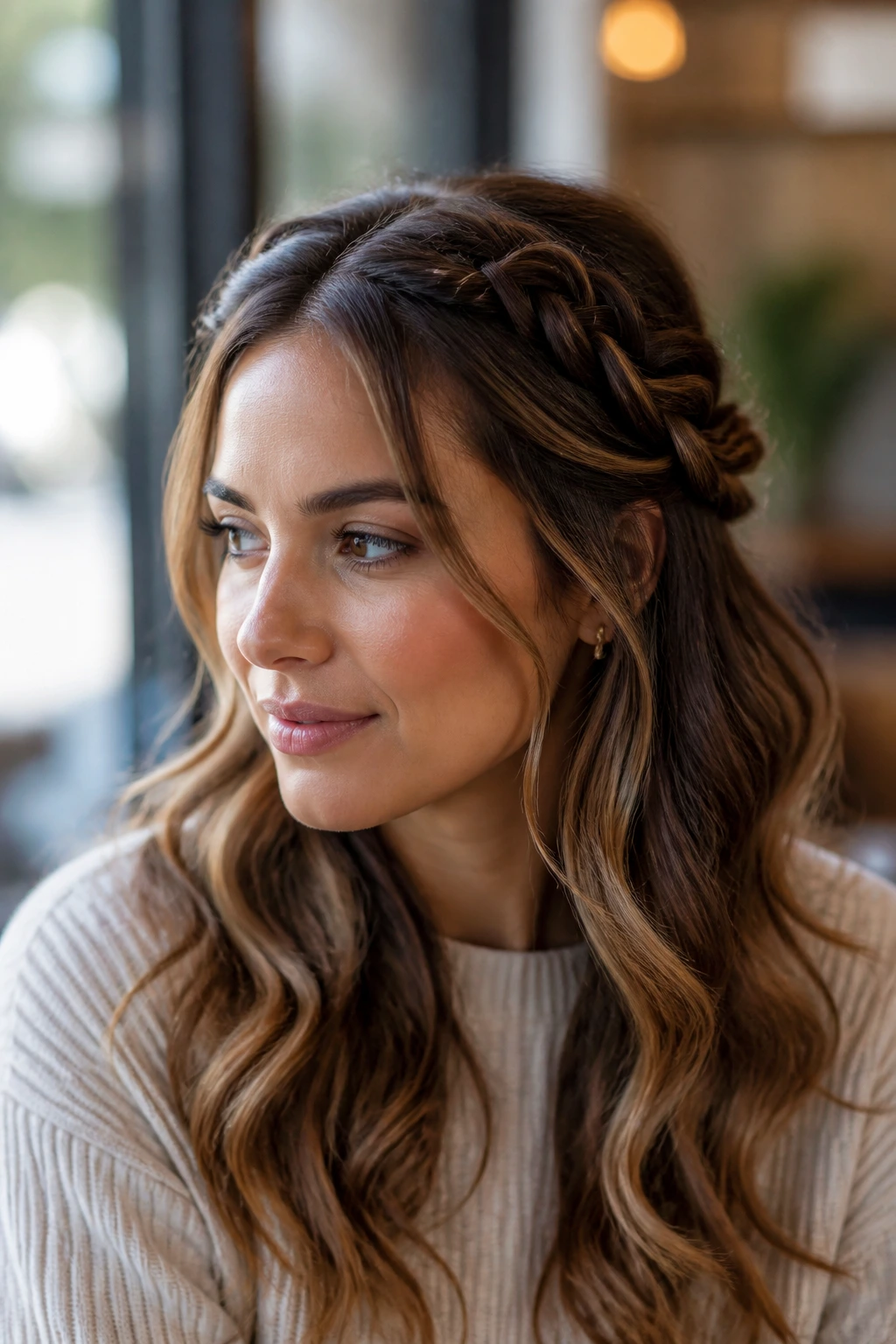 Portrait of a real woman with two front braids forming a crown, loose wavy hair.