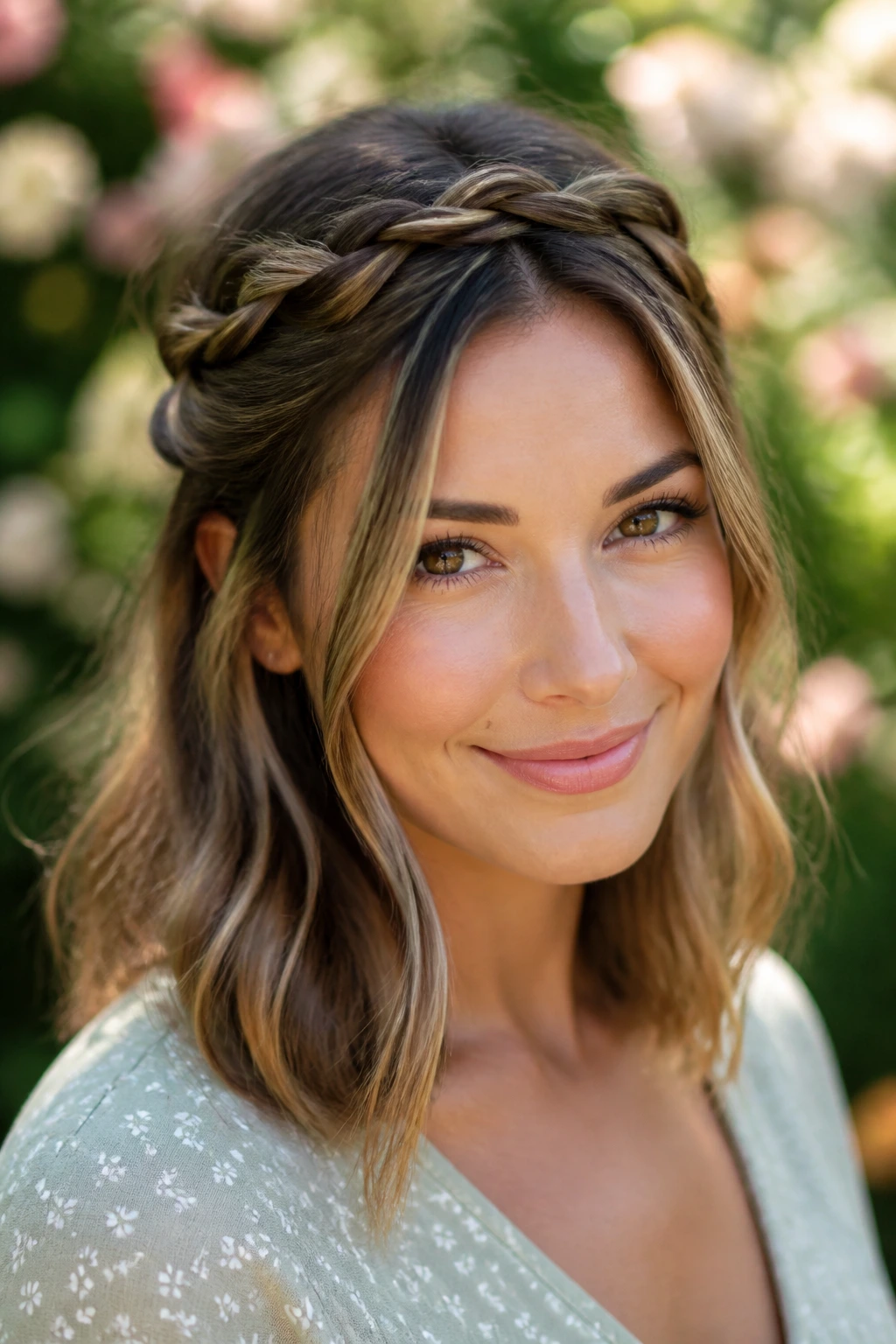 Close-up of a real woman with a loose crown braid above the face