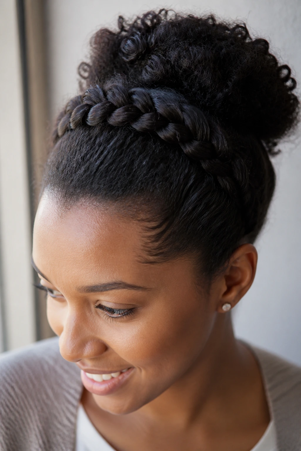 Close-up of a real woman with a braided headband blending into the crown area.