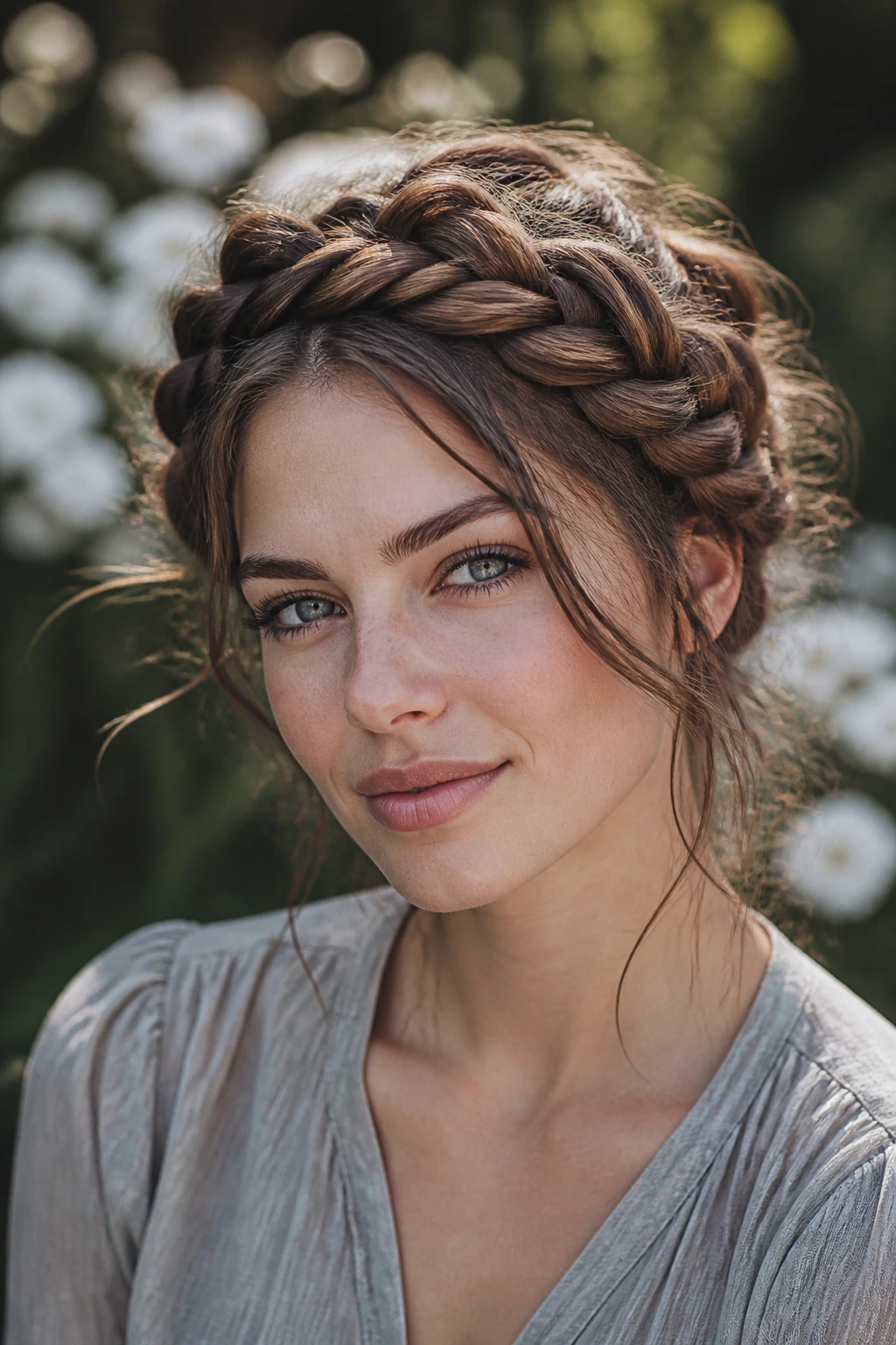 Close-up of a real woman wearing a crown braid with uneven texture in soft outdoor light.