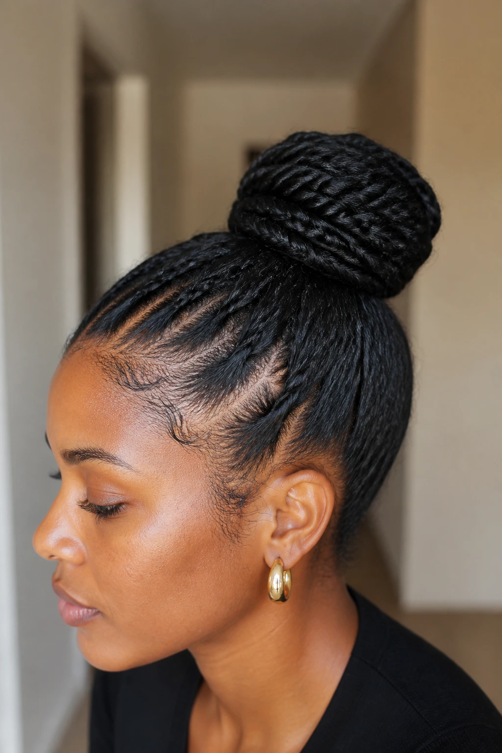 Close-up of a real woman with a braid-ended twist bun