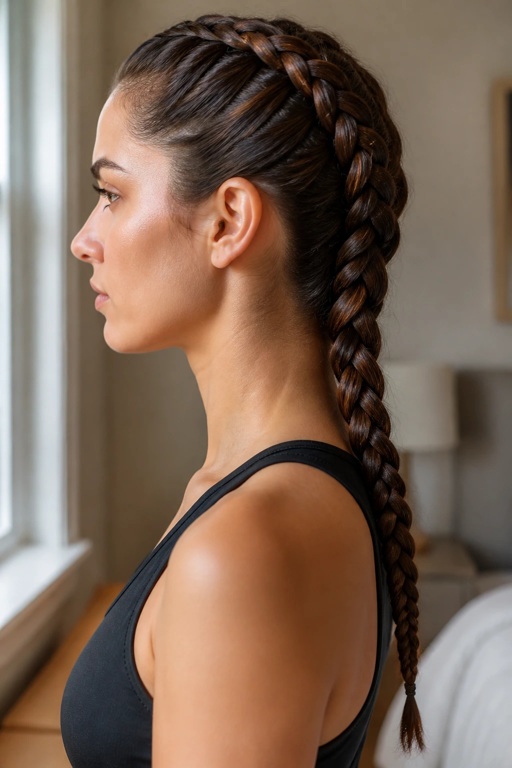 Profile shot of a woman with a French braid that runs to the ends