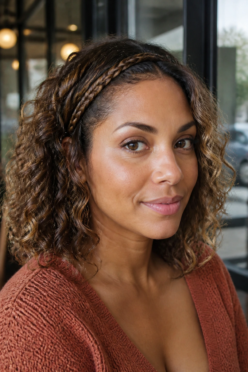 Close-up of a real woman with a slim front braid and loose open curls