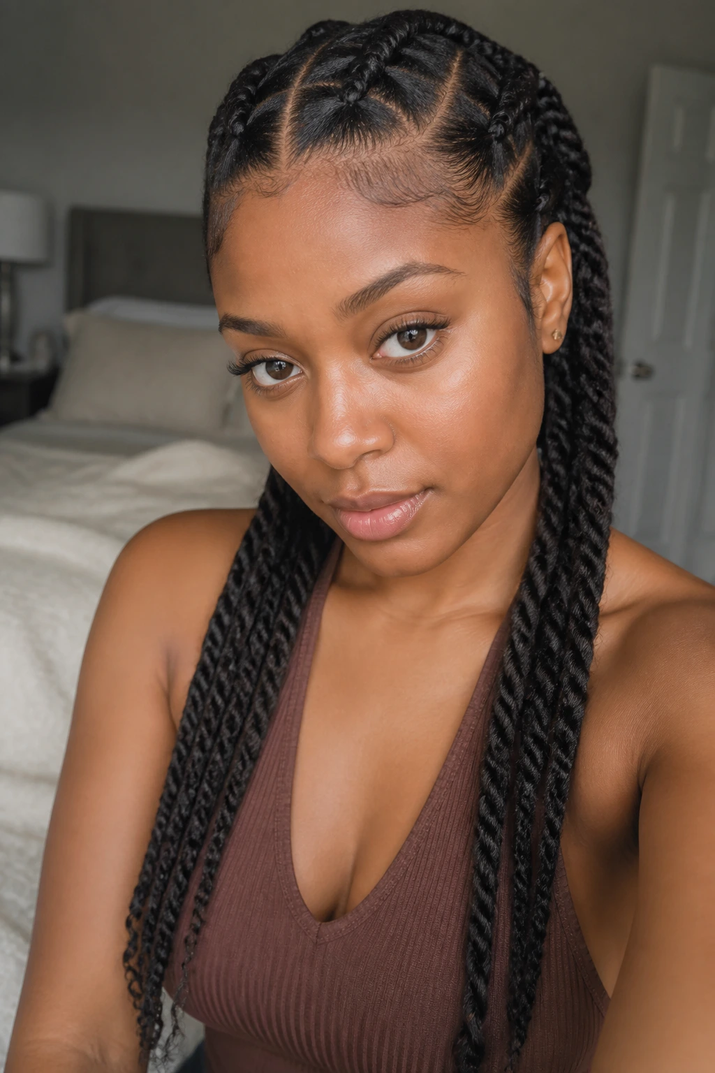 Close-up of double Dutch braids transitioning into twists on a real woman