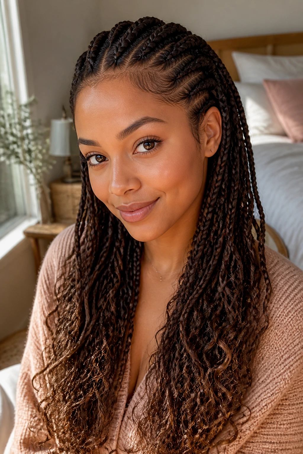 Close-up of a real woman showing a crown-tightened braid with looser length to slim cheeks in a warm bedroom.