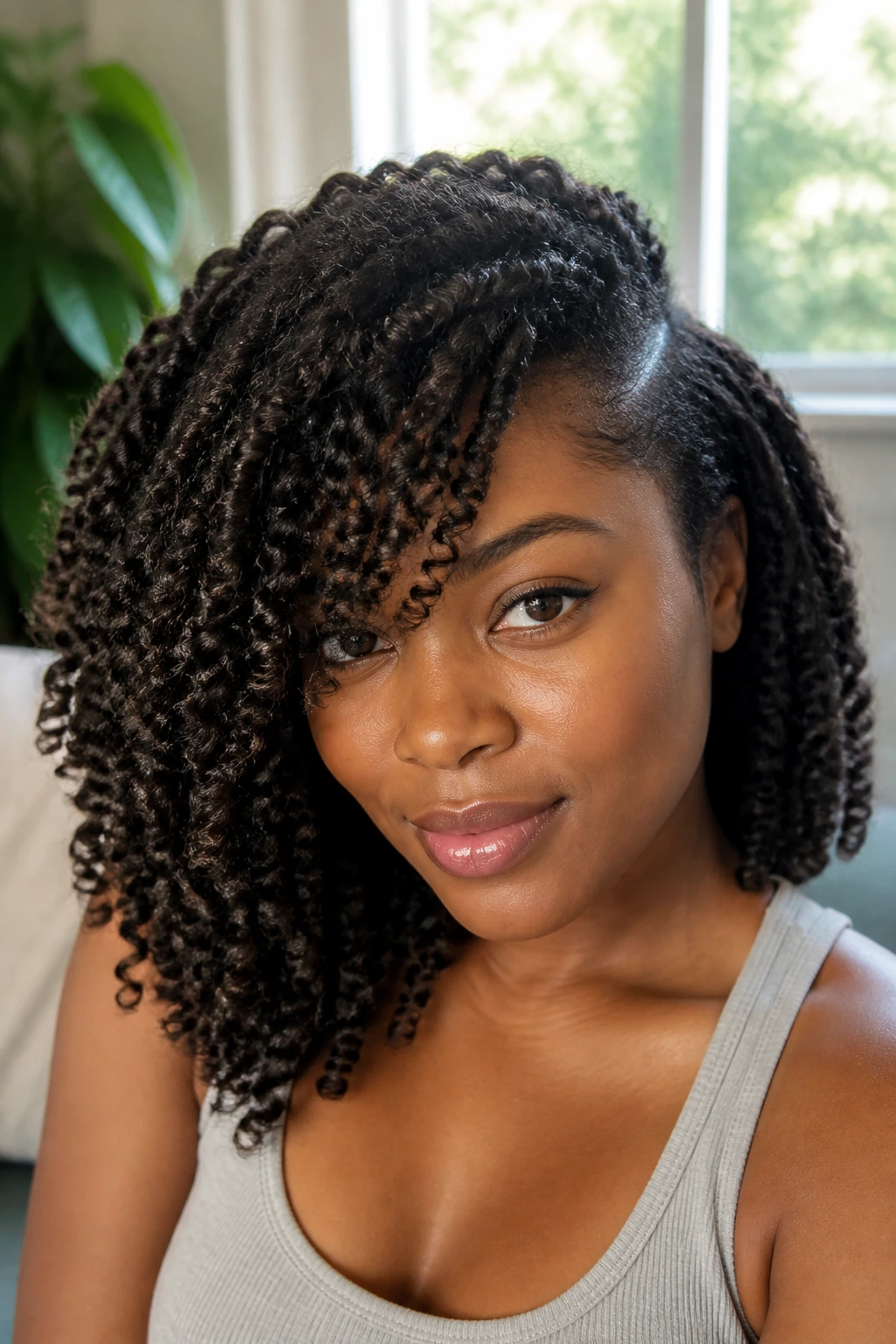 Close-up of a real woman with a deep side-sweep braid-out.