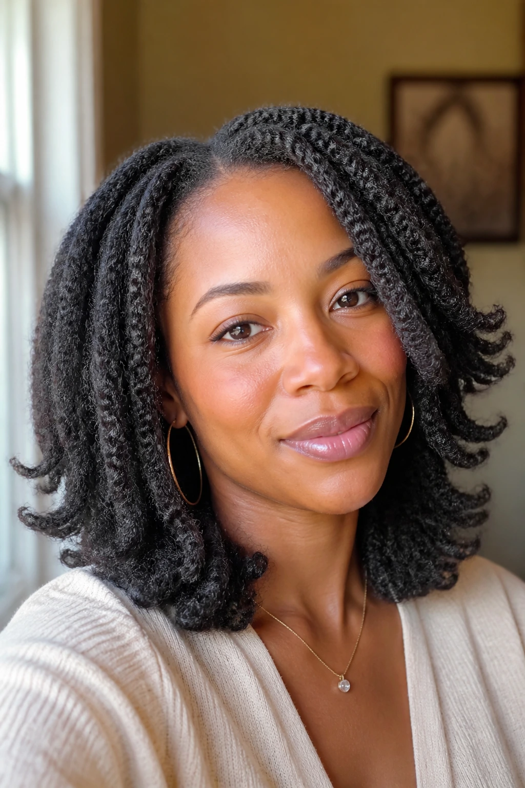 Close-up of braid-out with flipped ends on a Black woman