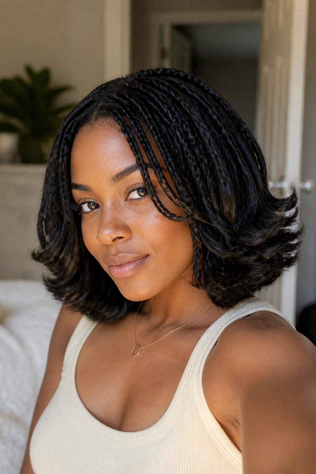 Close-up of a real woman with a braided-out hairstyle and flipped-end tips.