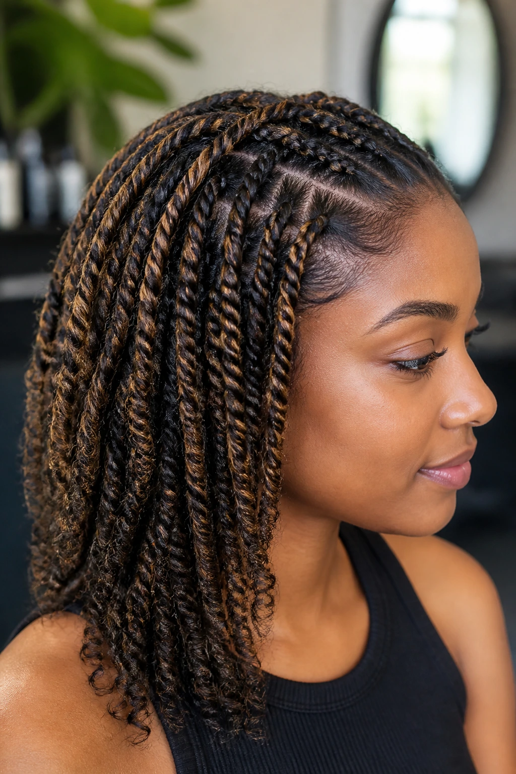 Close-up portrait of a real woman with a braid-out featuring honey babylights woven through fine braids