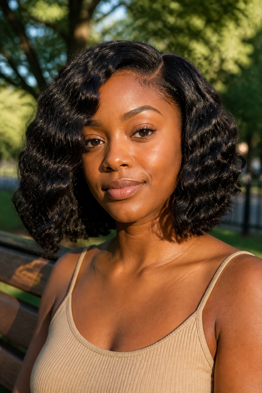 Close-up portrait of a real woman with a braid-out lob in outdoor golden hour light