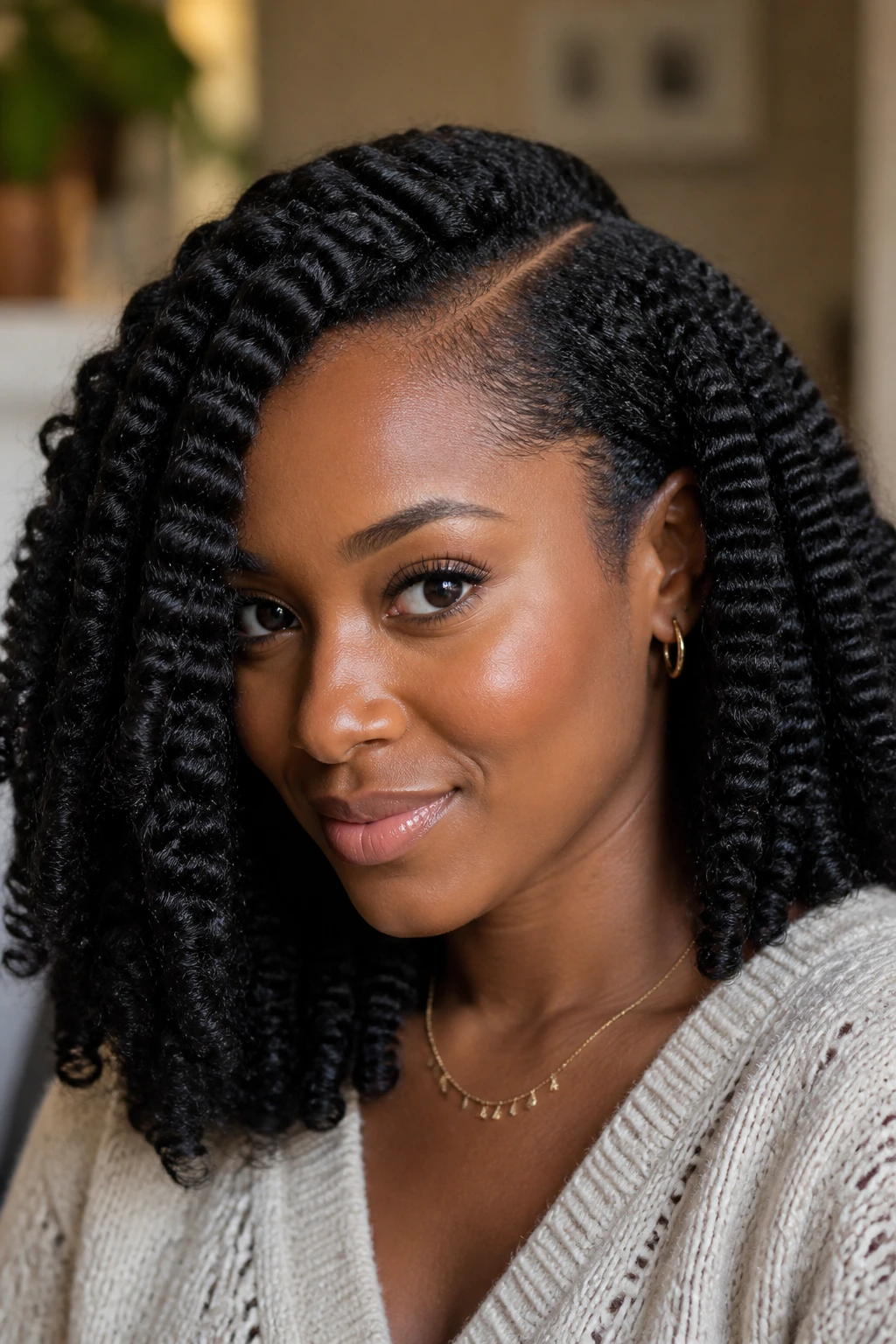 Close-up of a Black woman with a braid-out and side part hairstyle