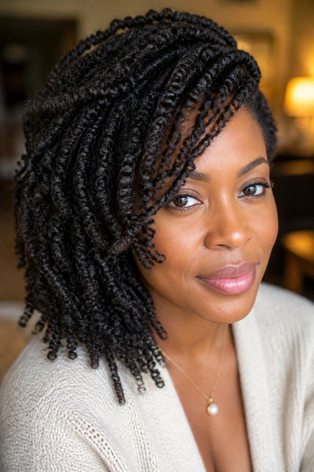Close-up of a real Black woman with a layered braid-out and a side-swept fringe.