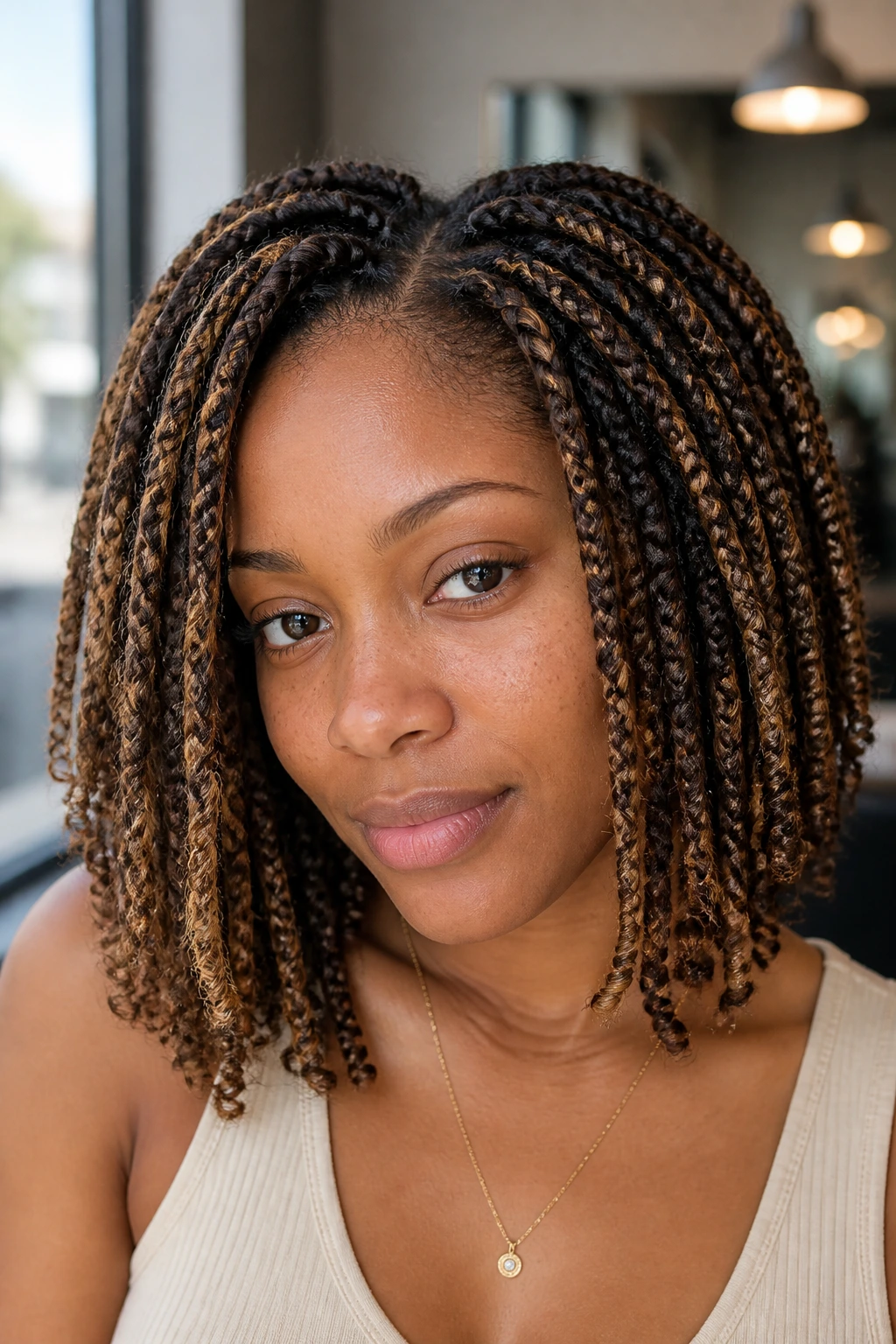 Close-up of a real woman with shoulder-length braid-out and toffee babylights