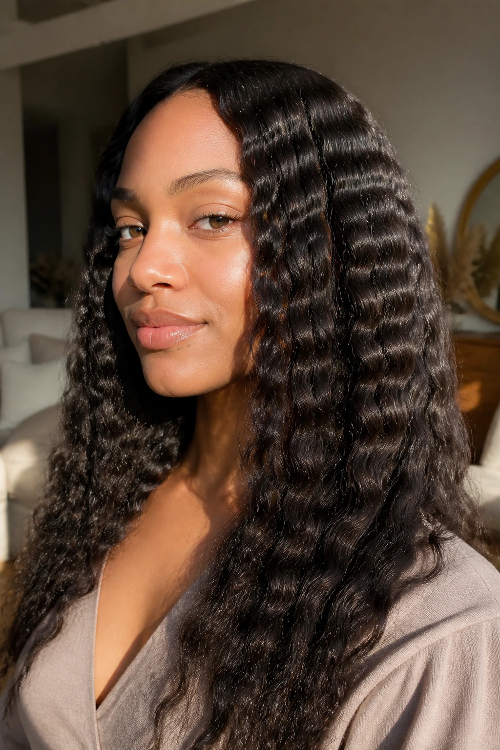 Close-up portrait of a real woman with braid-out waves
