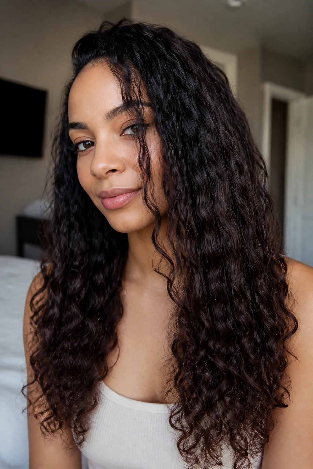 Real woman showing braid-out waves with stretched curls in natural light