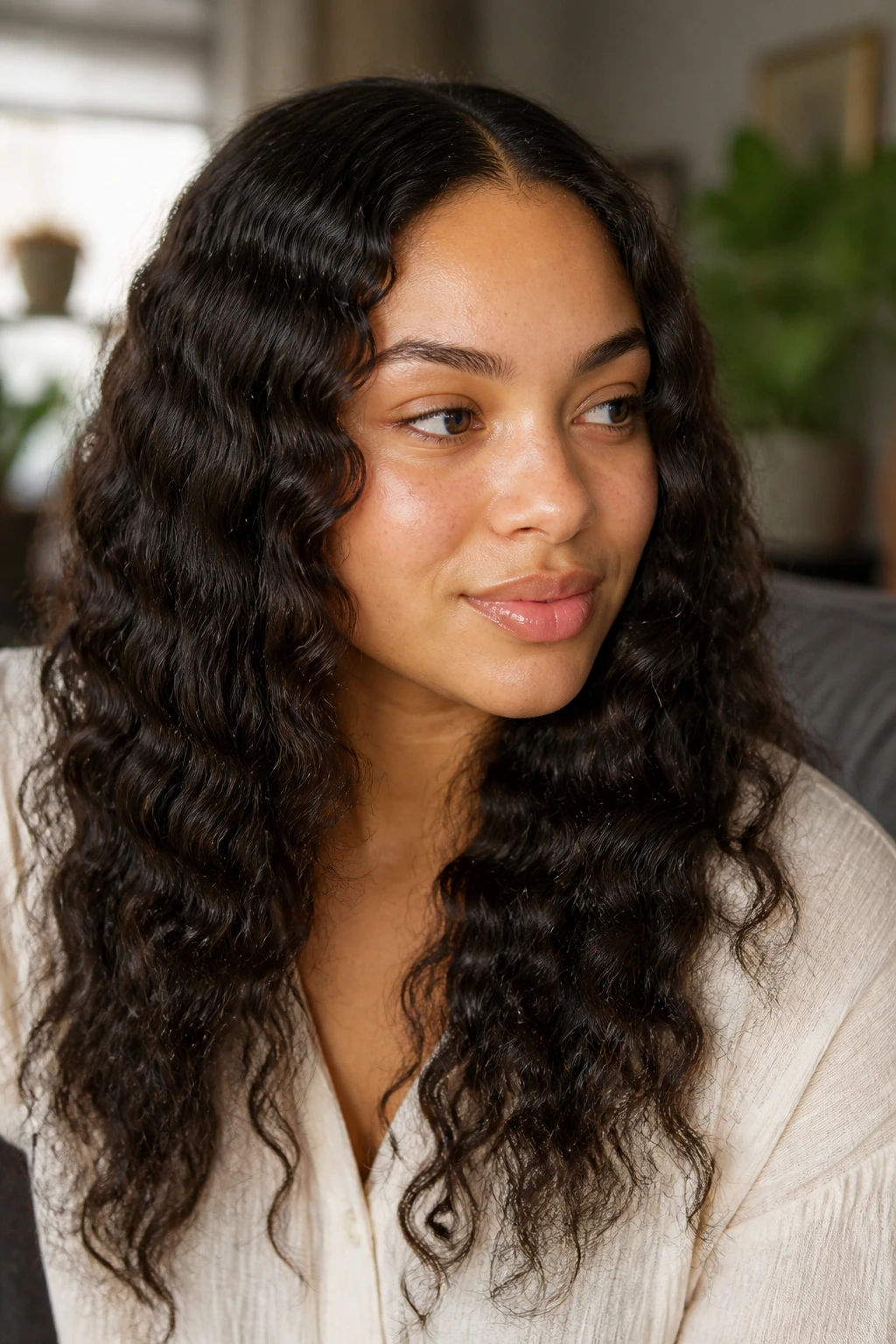 Close-up of a real woman with air-dried braid-out waves and natural texture.