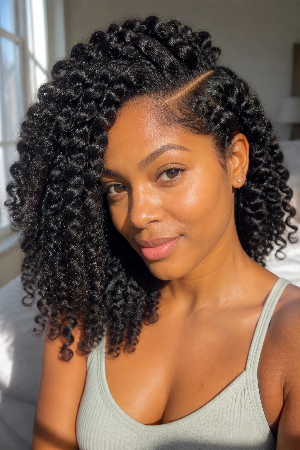 Close-up of a real woman with braid-out and wide side part