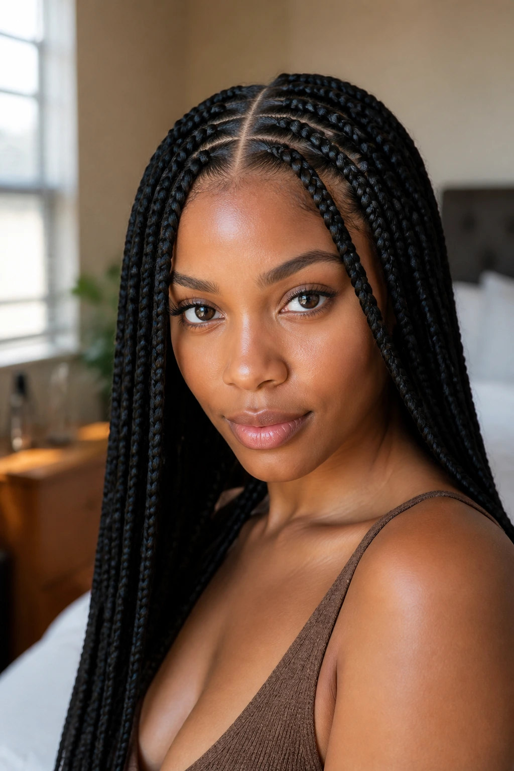 Close-up of a real woman's braid part showing a soft, calm partition.