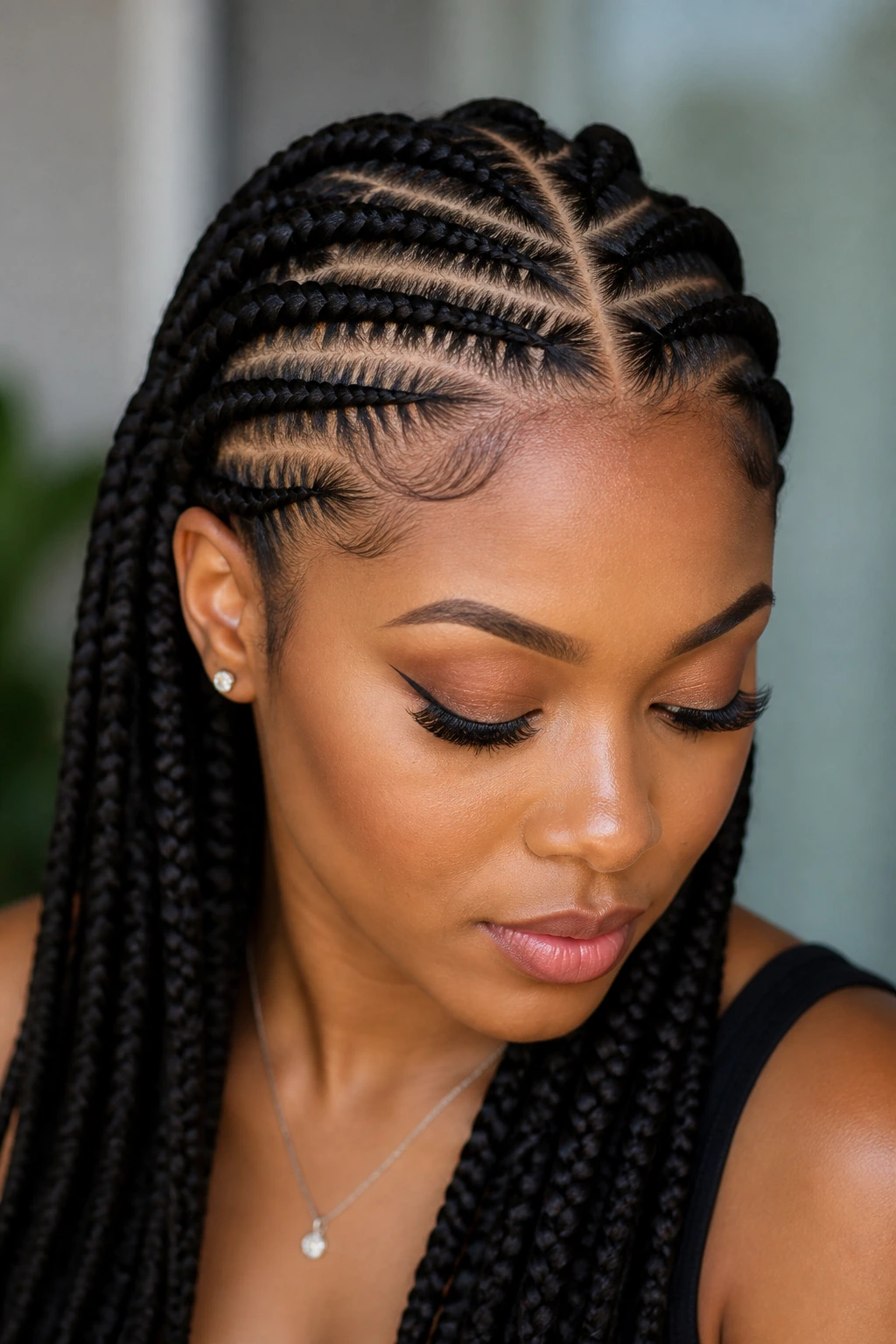 Close-up portrait of a woman with defined braid pattern along the scalp