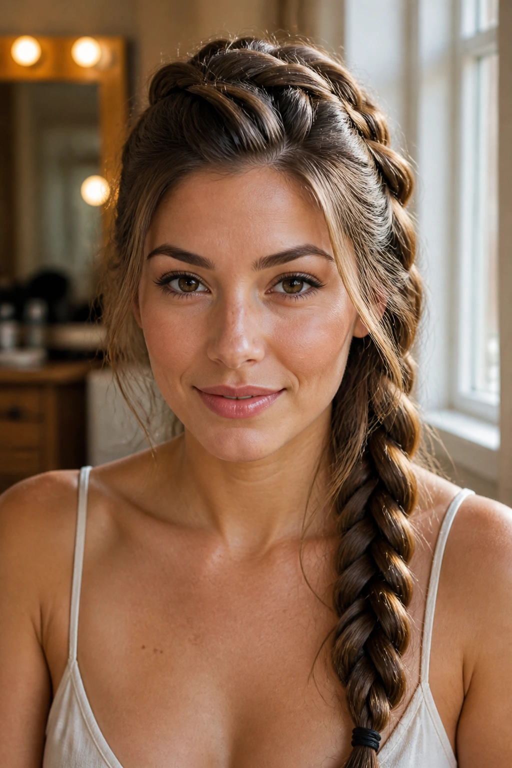 Close-up of a real woman with off-center crown lift showing braid placement on an oval face