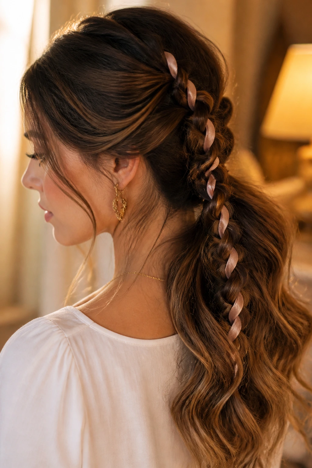 Close-up of a real woman with Ribbon-Woven Braid Ponytail and ribbon woven through the braid.