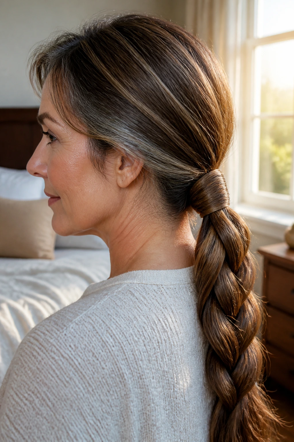 Close-up of a real woman with a low braided ponytail wrapped base