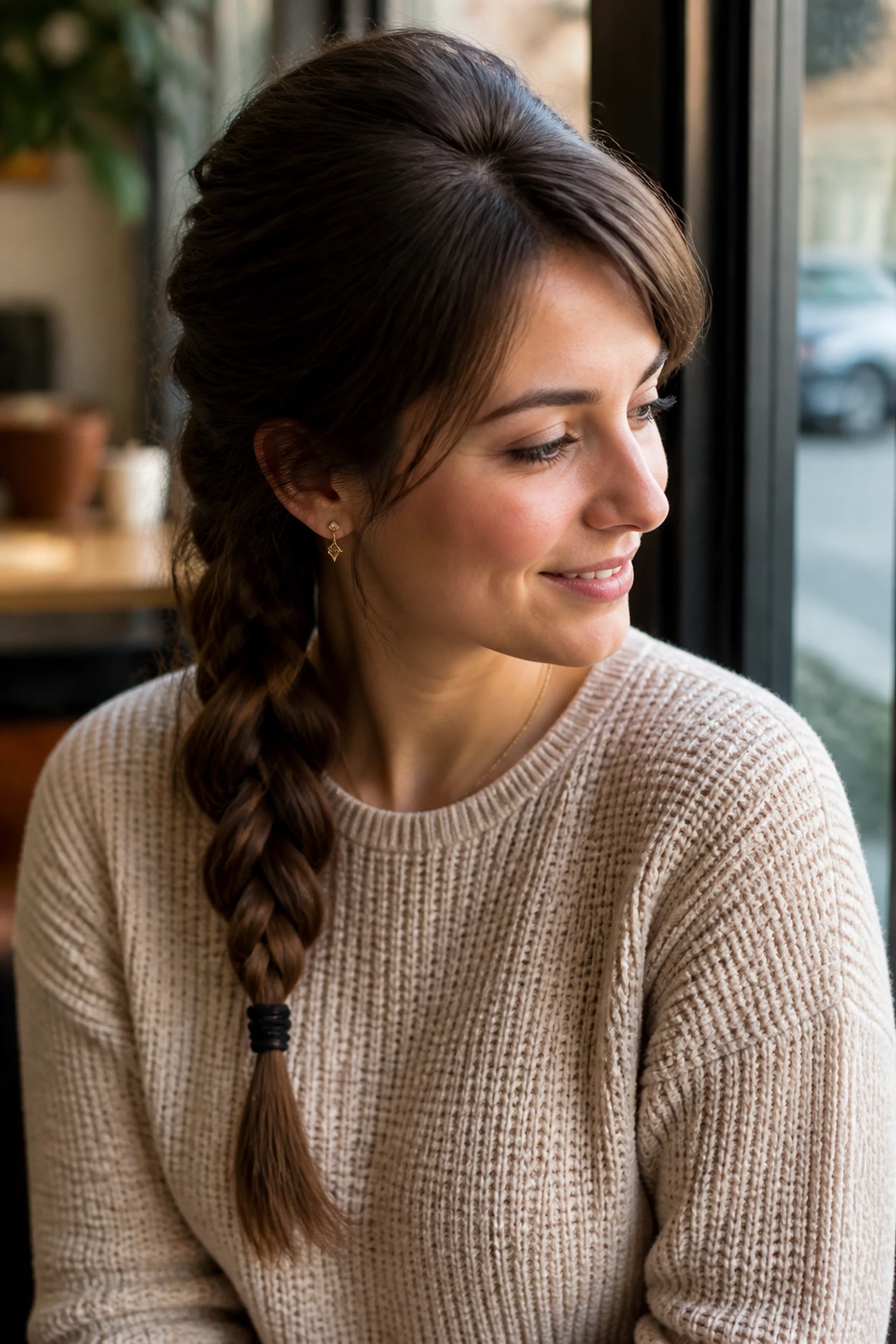 Real woman with side braid and puffed roots.