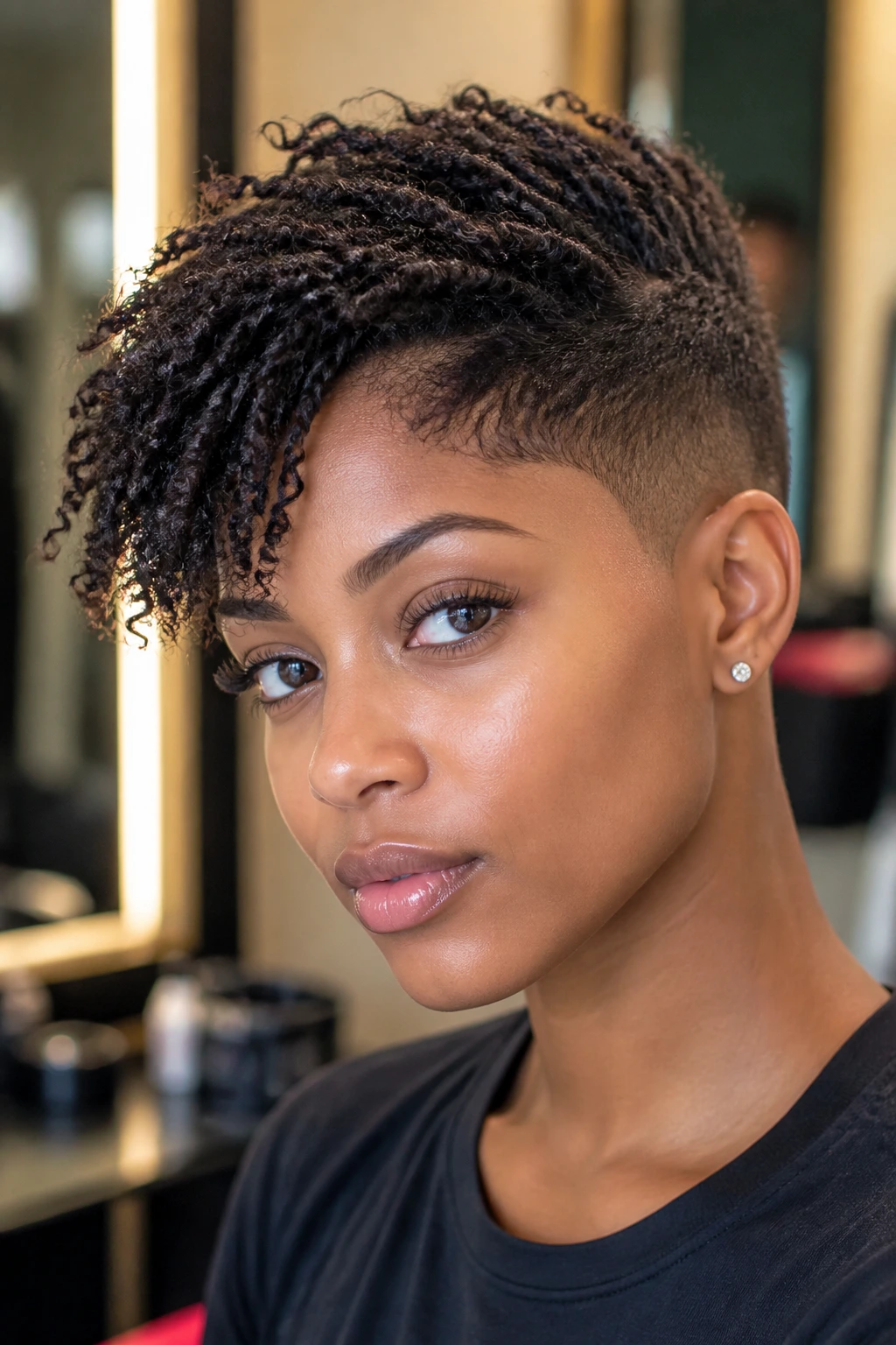 Portrait of a Black woman with braid-ready two-block cut