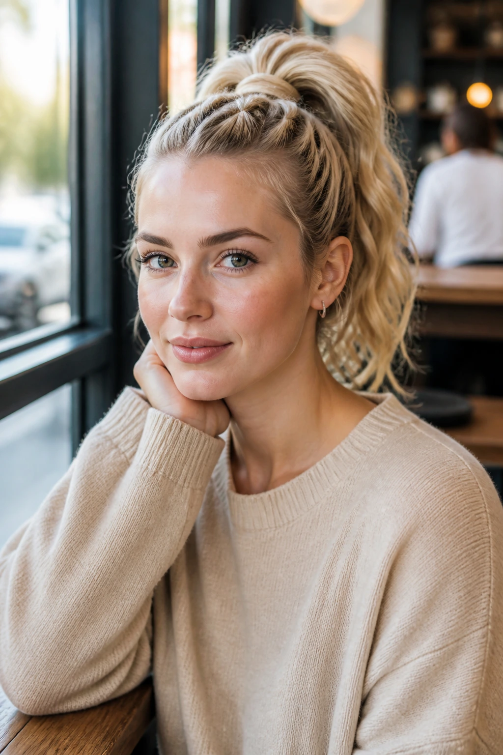 Real-life hairstyle portrait showing a crown braid in daylight at a cafe