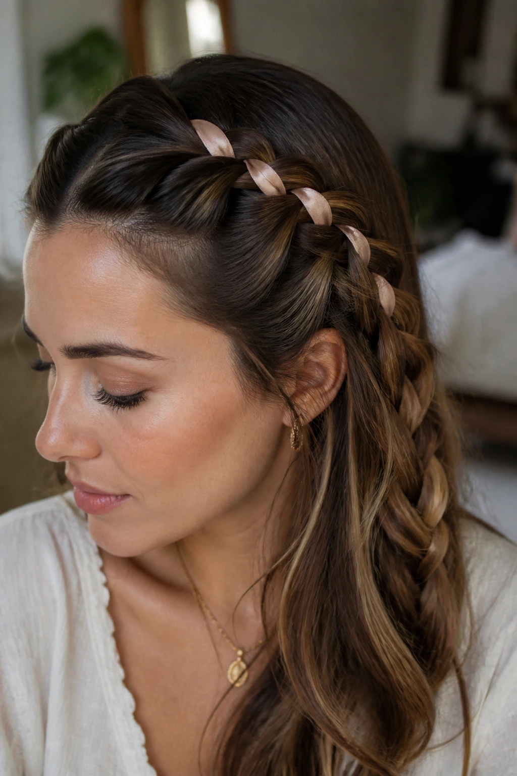 Close-up of a woman with a ribbon-threaded Dutch braid accent.