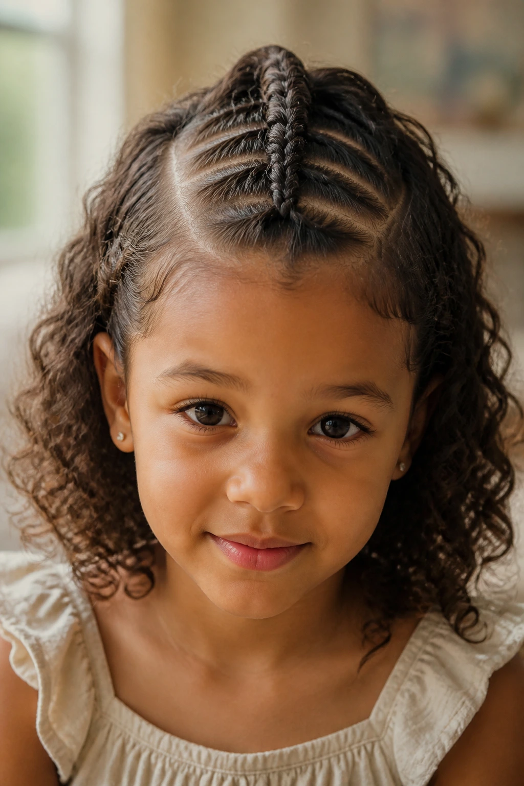 Close-up of a child showing a braid ridge in wavy hair