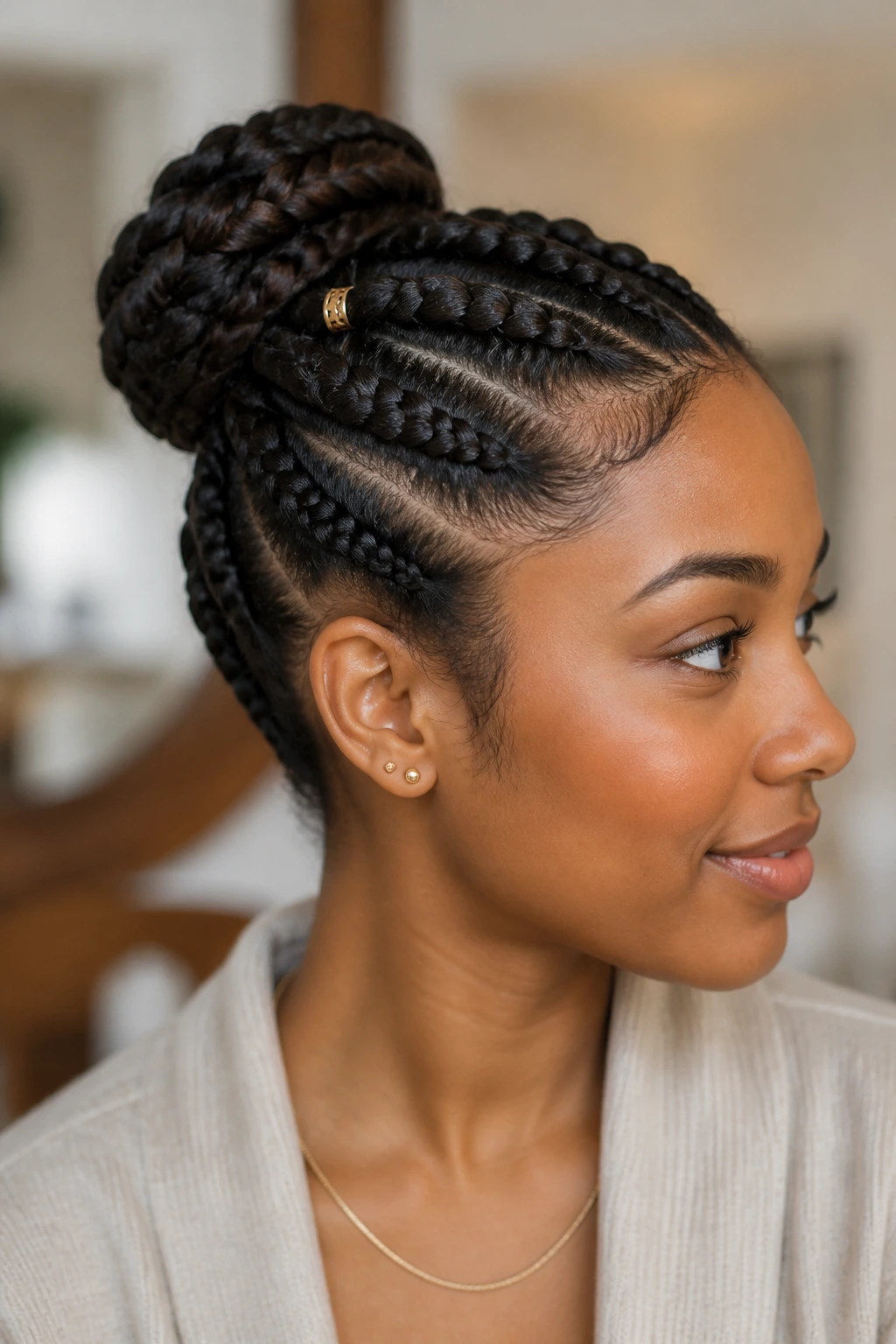 Close-up of a real woman showing a subtle shine on the braid and a small accessory.
