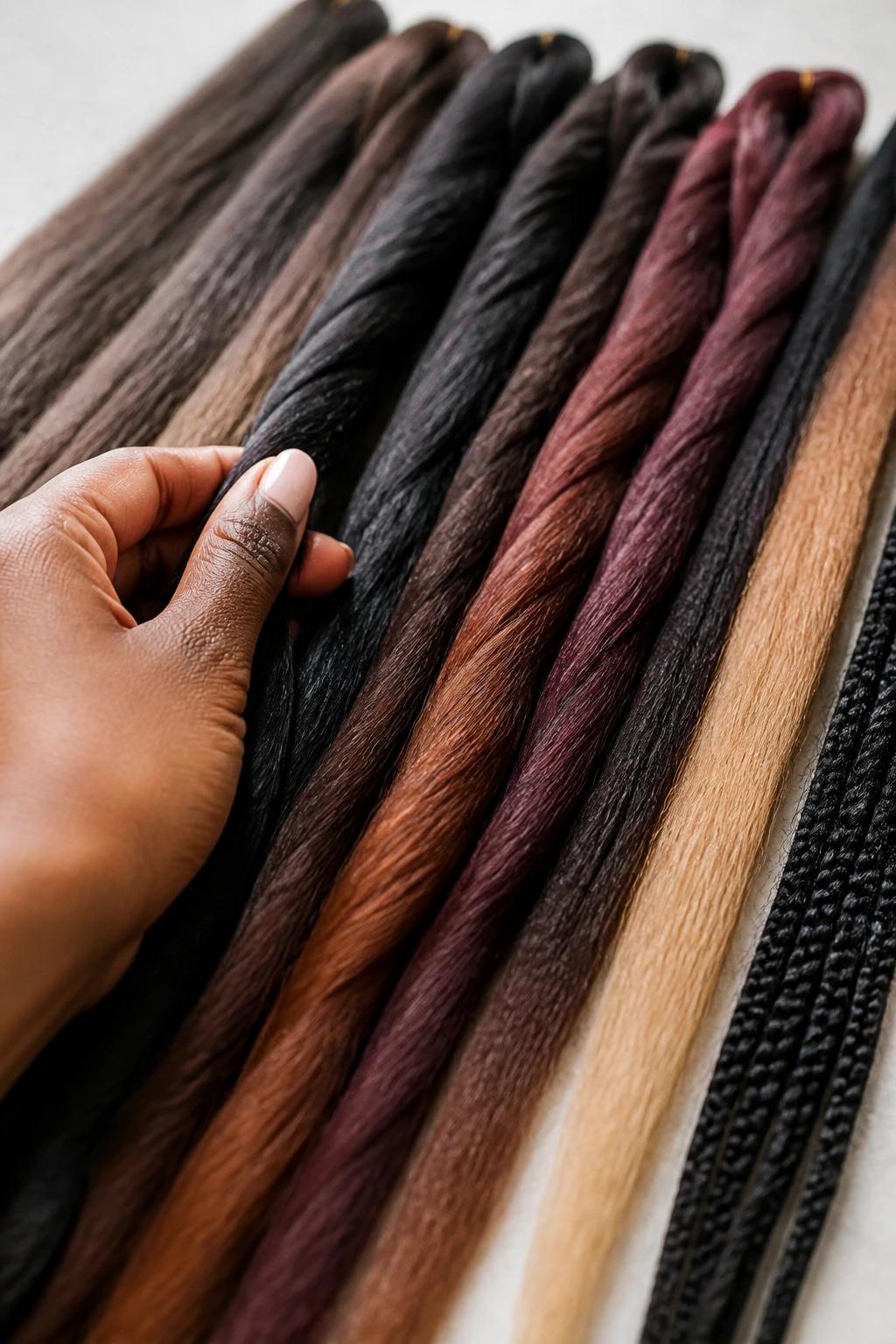 Close-up of hand selecting braid extensions in varying thickness and length