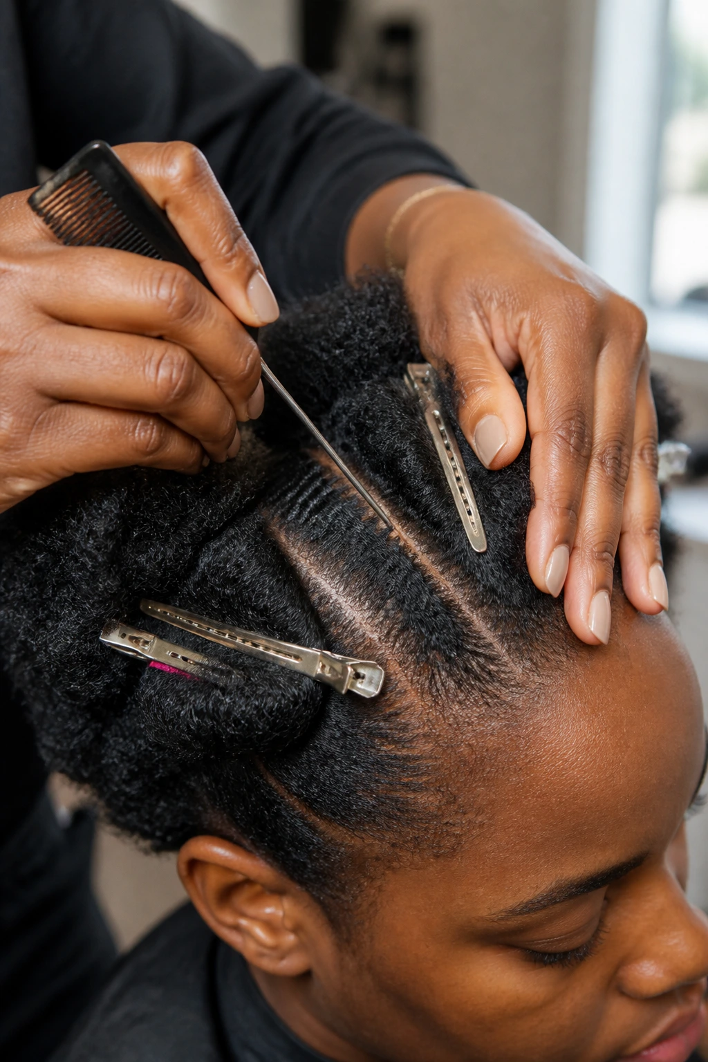 Close-up of hands with rat-tail comb and sectioning clips shaping parts on a real person's scalp