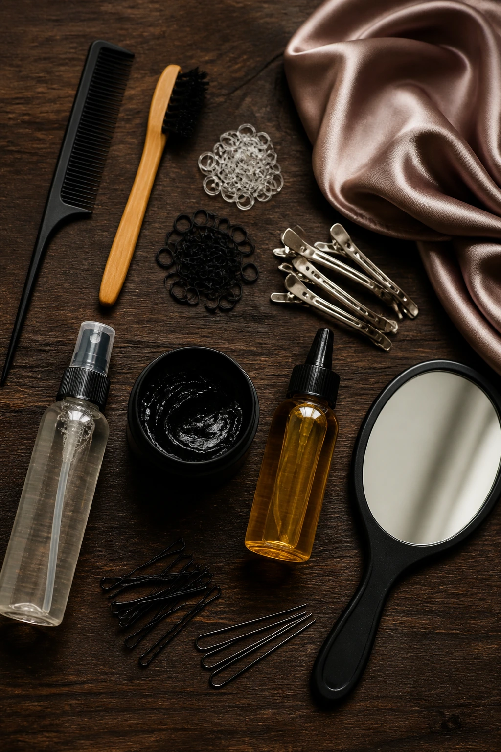 Top-down close-up of braid tools arranged on a wooden surface.