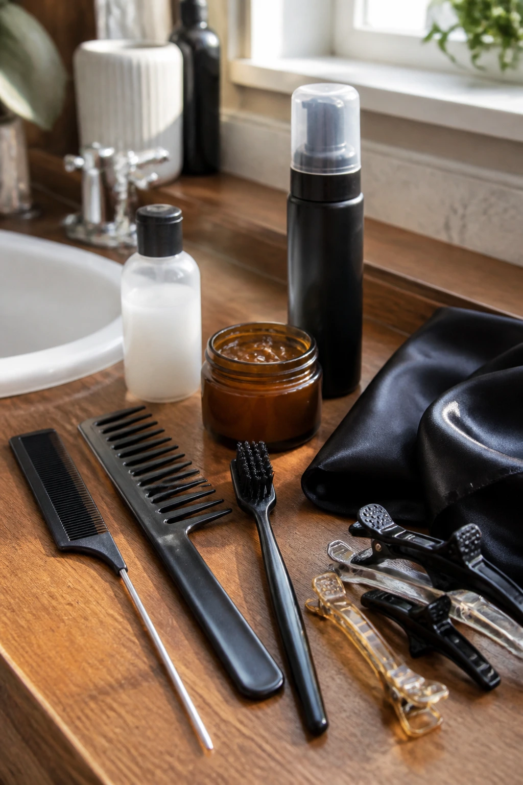 Close-up of unlabeled hair tools and products arranged on a wooden vanity for clean braid styling.