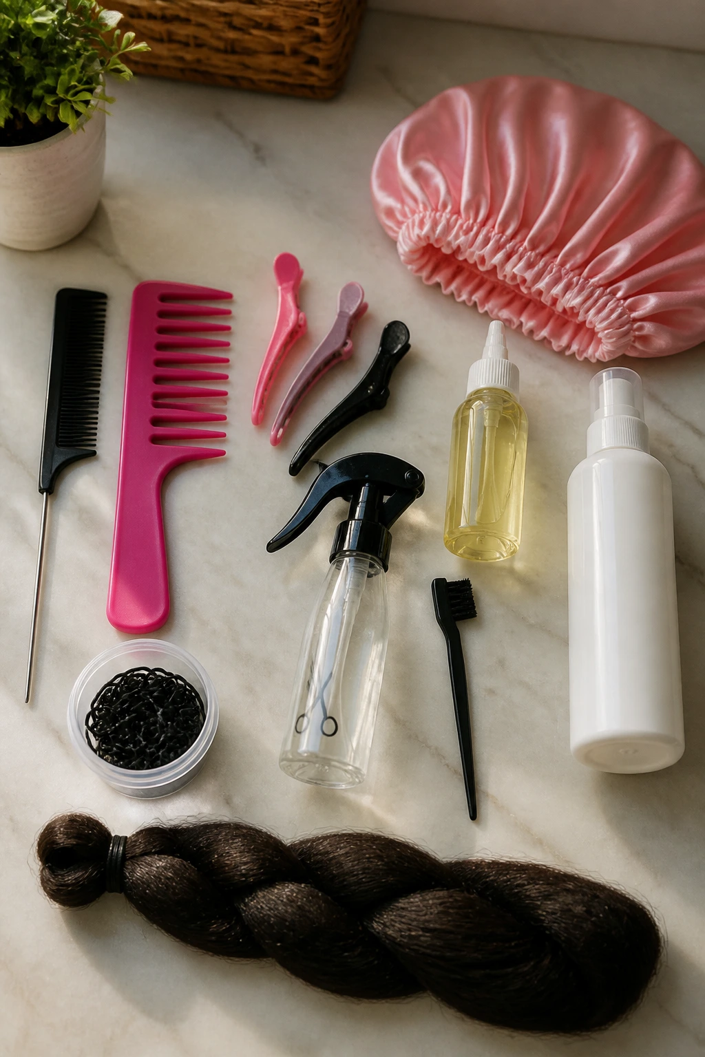 Flat lay of essential braiding tools for kids.