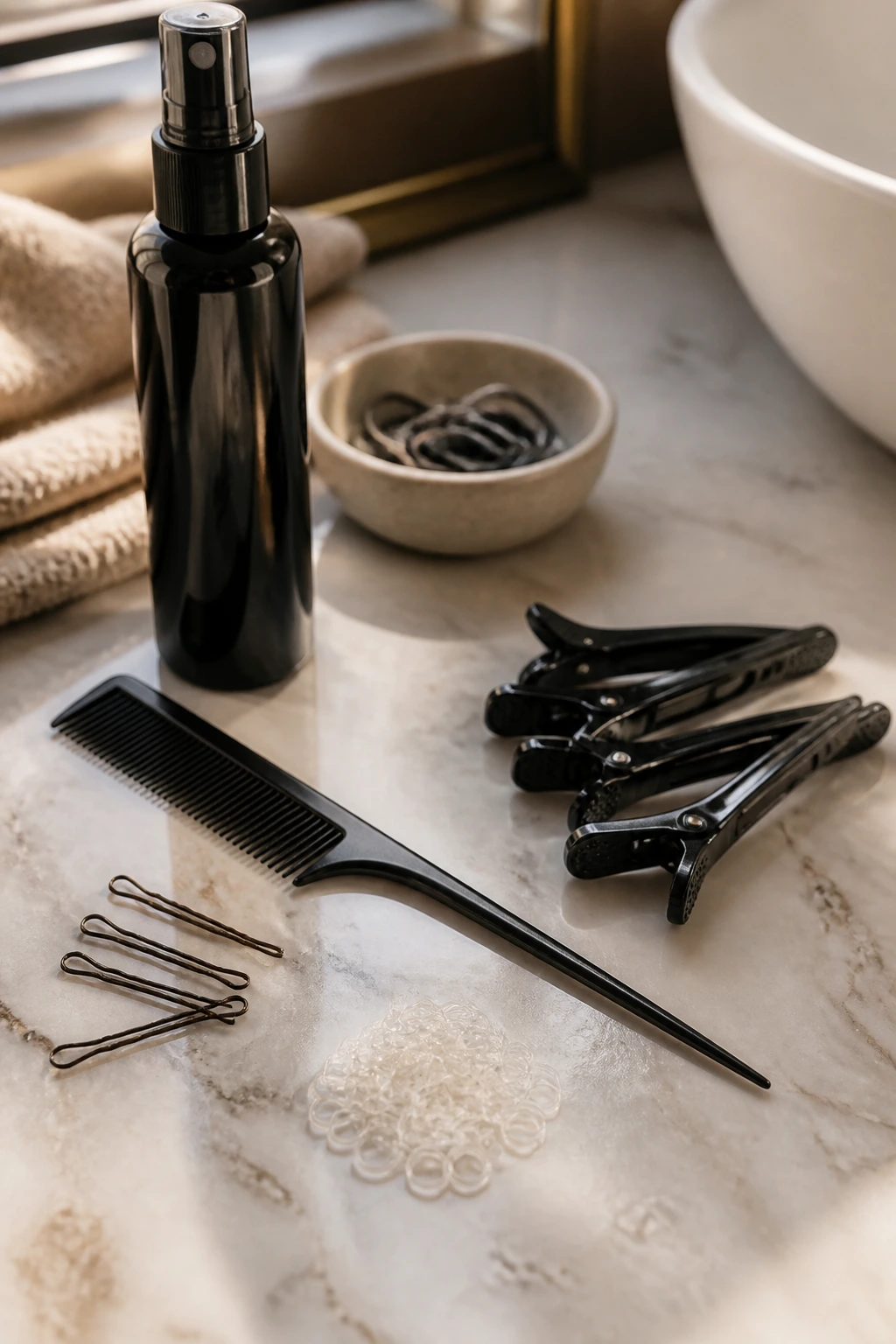 Close-up of crown braid tools including combs and pins on a counter